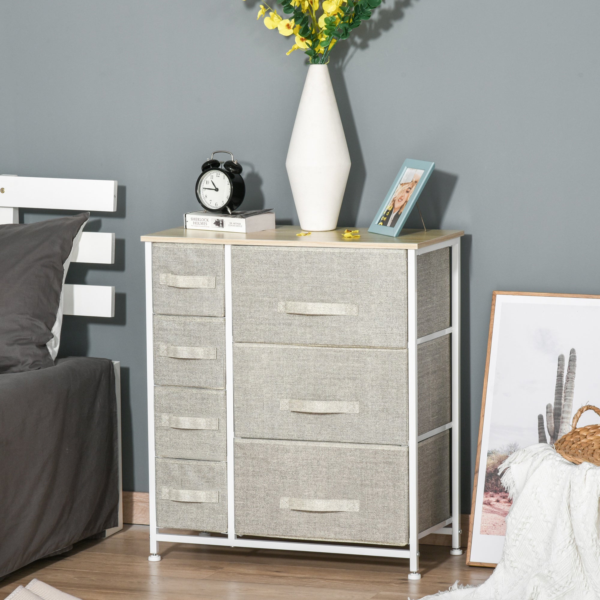 Drawer Cabinet Storage Cabinet with Foldable 7 Fabric Drawers Metal Frame + Wood + Non-Woven Fabric Light Grey 63.5 x 30 x 71 cm