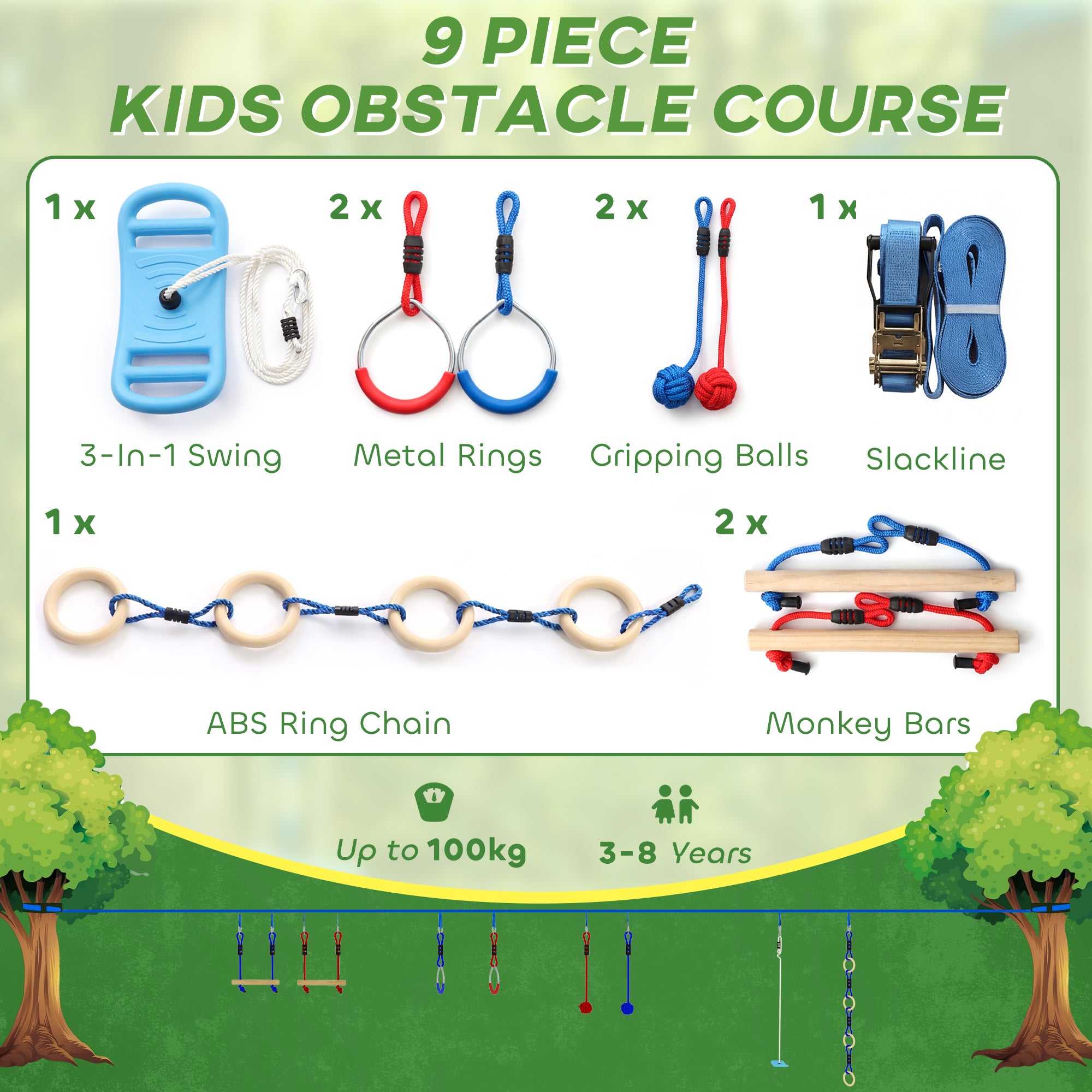 Ninja Line Kids 10 m (32.8 ft) — 9-Piece Slackline & Obstacle Set with Rings, 3-in-1 Swing, Climbing Bars, Tree Protection, Grip Balls & Carry Bag — Ages 3–8, Multicolor