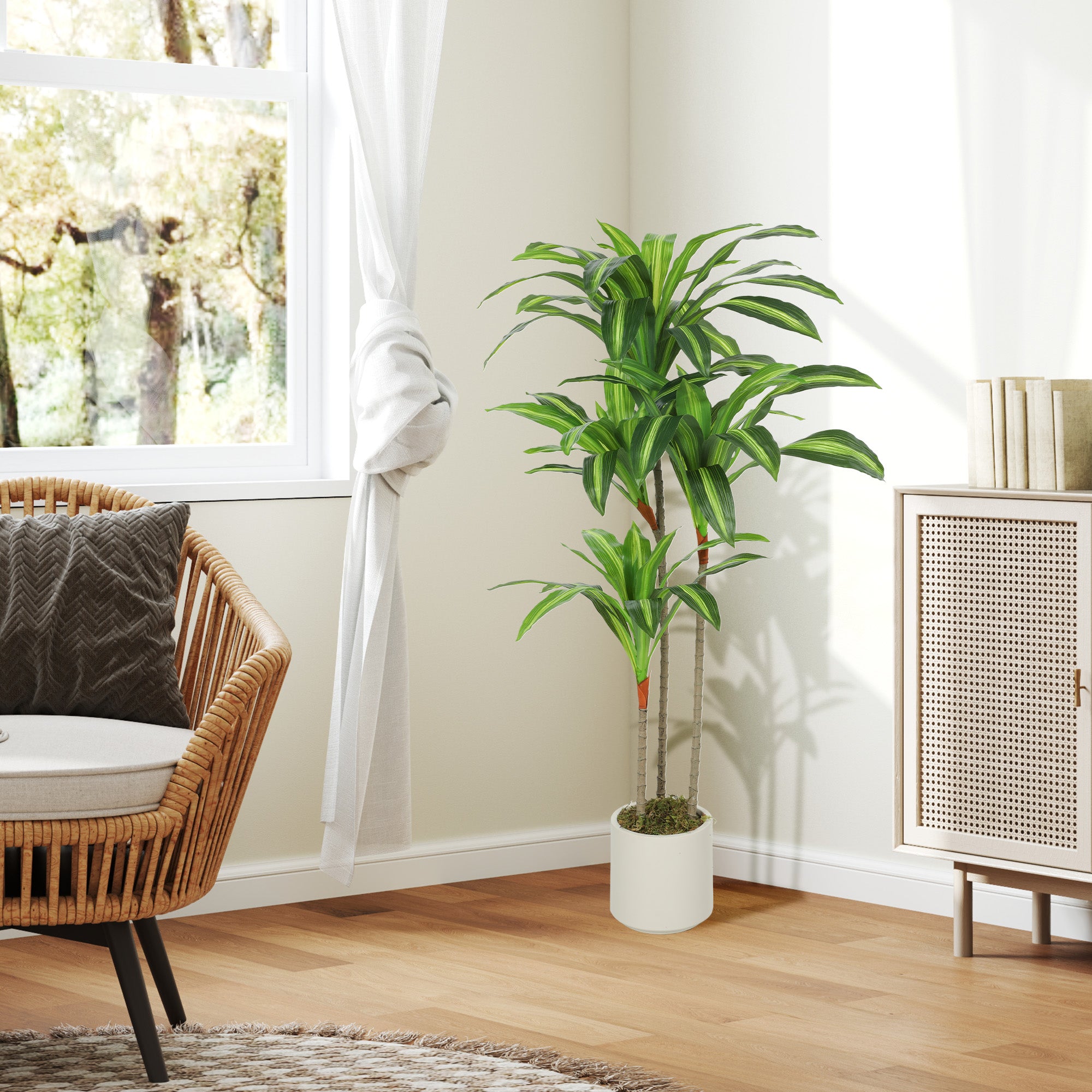 Dracaena Artificial Plant with Adjustable Branches, White PP & Cement Pot – PEVA Leaves & Wood Trunk, 60 × 40 × 120 cm (24 × 16 × 47 in)