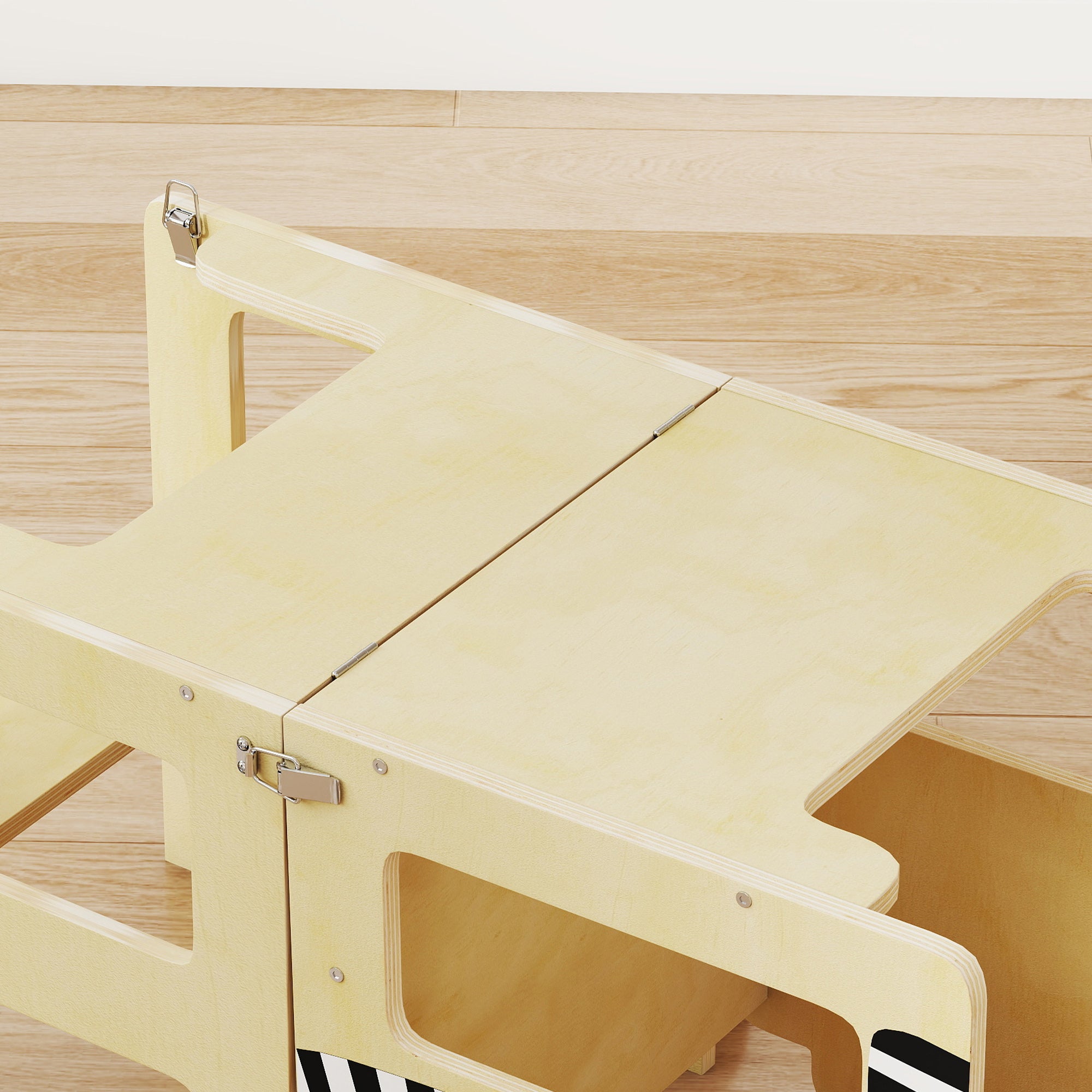 3-in-1 Foldable Learning Tower — Convertible to Desk & Chair, Learning Stool for 2–5-Year-Olds with Chalkboard, Cat Prints, for Bathroom & Kitchen, Natural