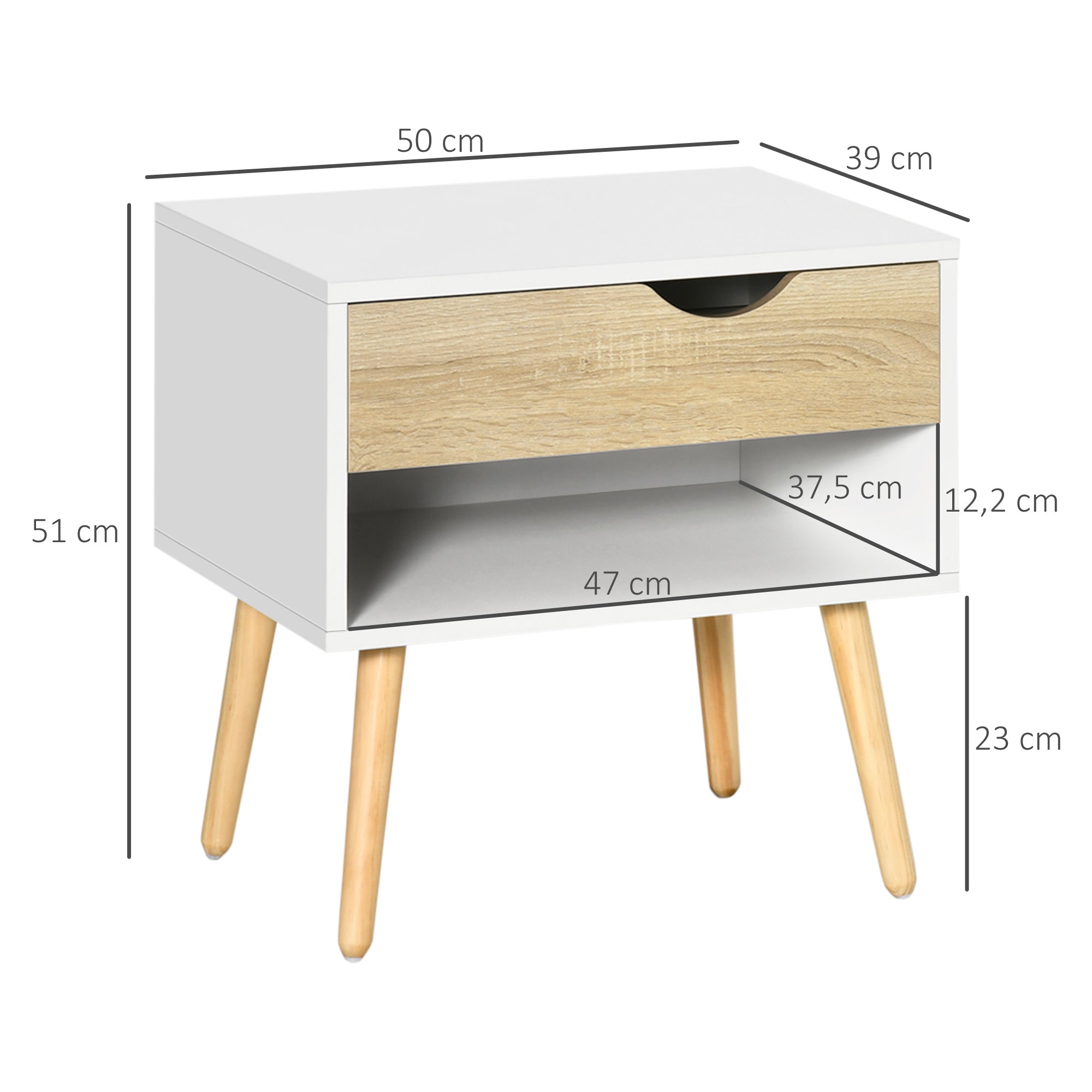 Set of 2 Bedside Tables Bedside Table with Drawer and Storage Shelf for Bedroom Living Room Bed Office Modern Style 50x39x51 cm White and Oak