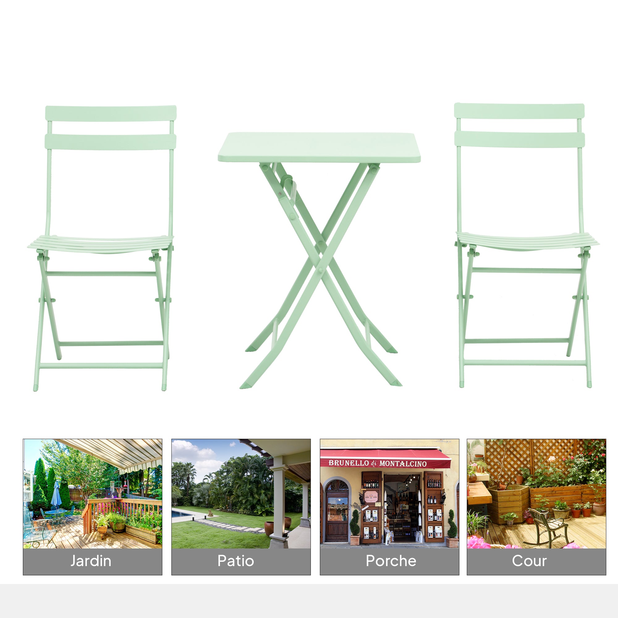 Folding bistro garden set - square table dim. 60L x 60W x 71H cm with 2 chairs - green water-resistant powder-coated metal