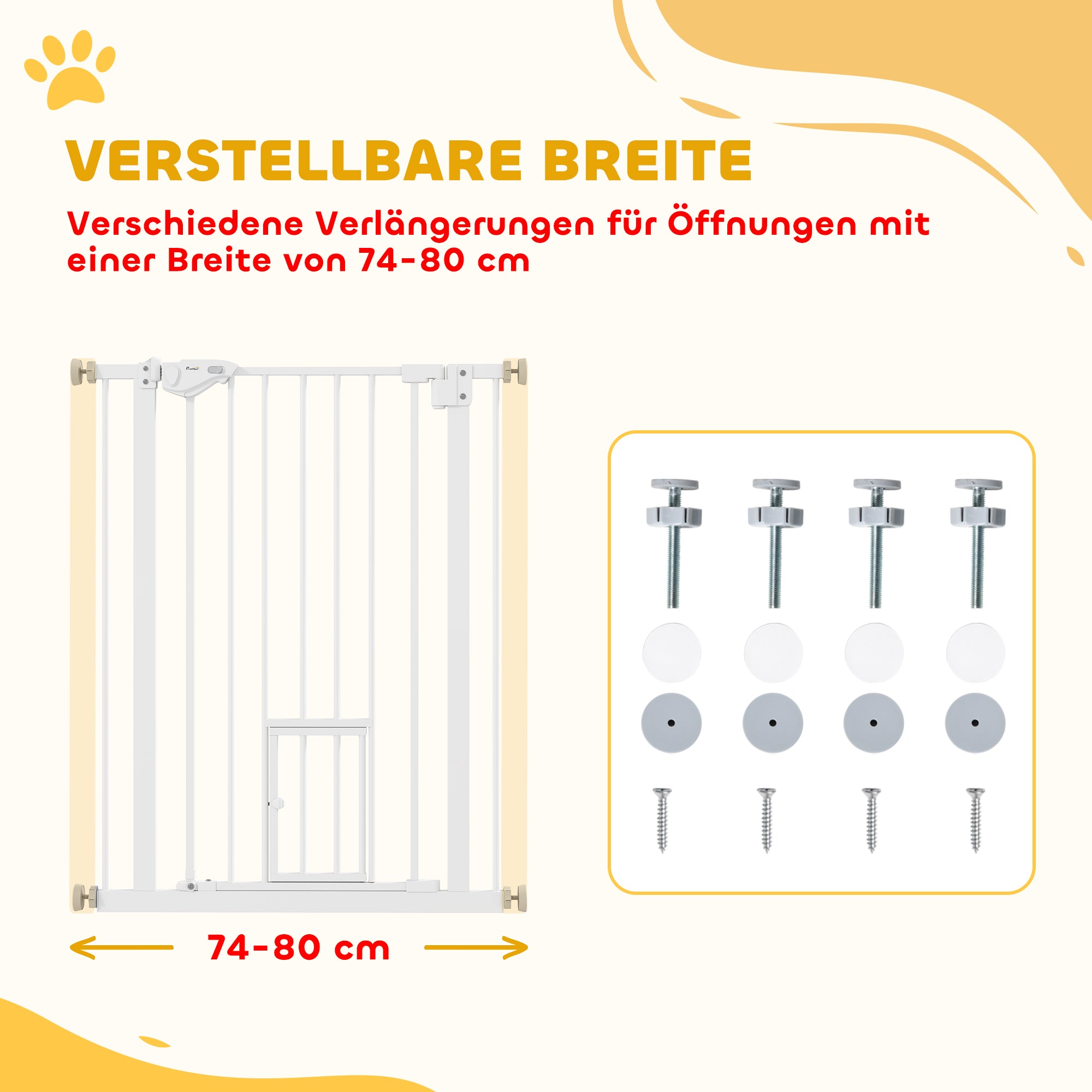 Dog Door Gate, Stair Gate, 74-80 cm Dog Door Gate, Stair Protection, Safety Gate, Automatic Closing, Steel, White