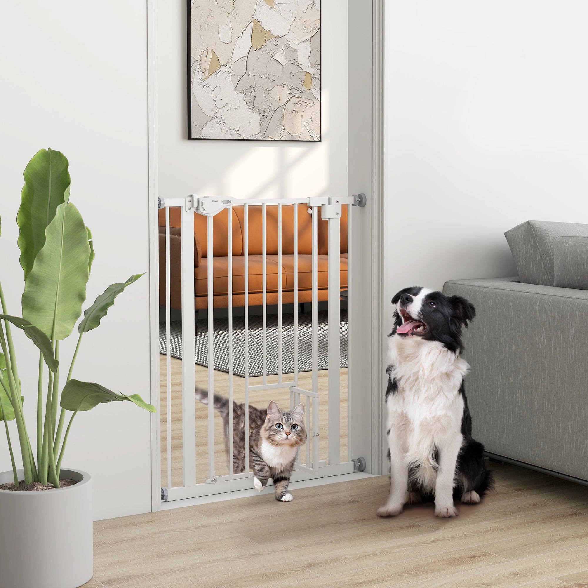 Dog Door Gate, Stair Gate, 74-80 cm Dog Door Gate, Stair Protection, Safety Gate, Automatic Closing, Steel, White