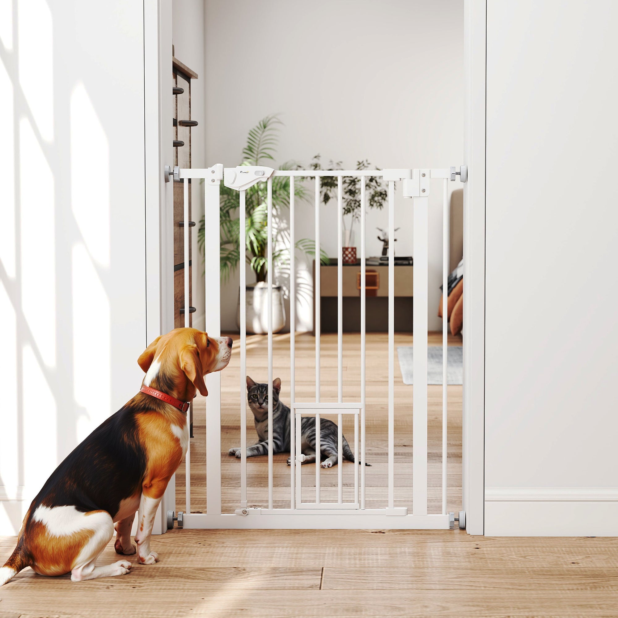 Dog Door Gate, Stair Gate, 74-80 cm Dog Door Gate, Stair Protection, Safety Gate, Automatic Closing, Steel, White