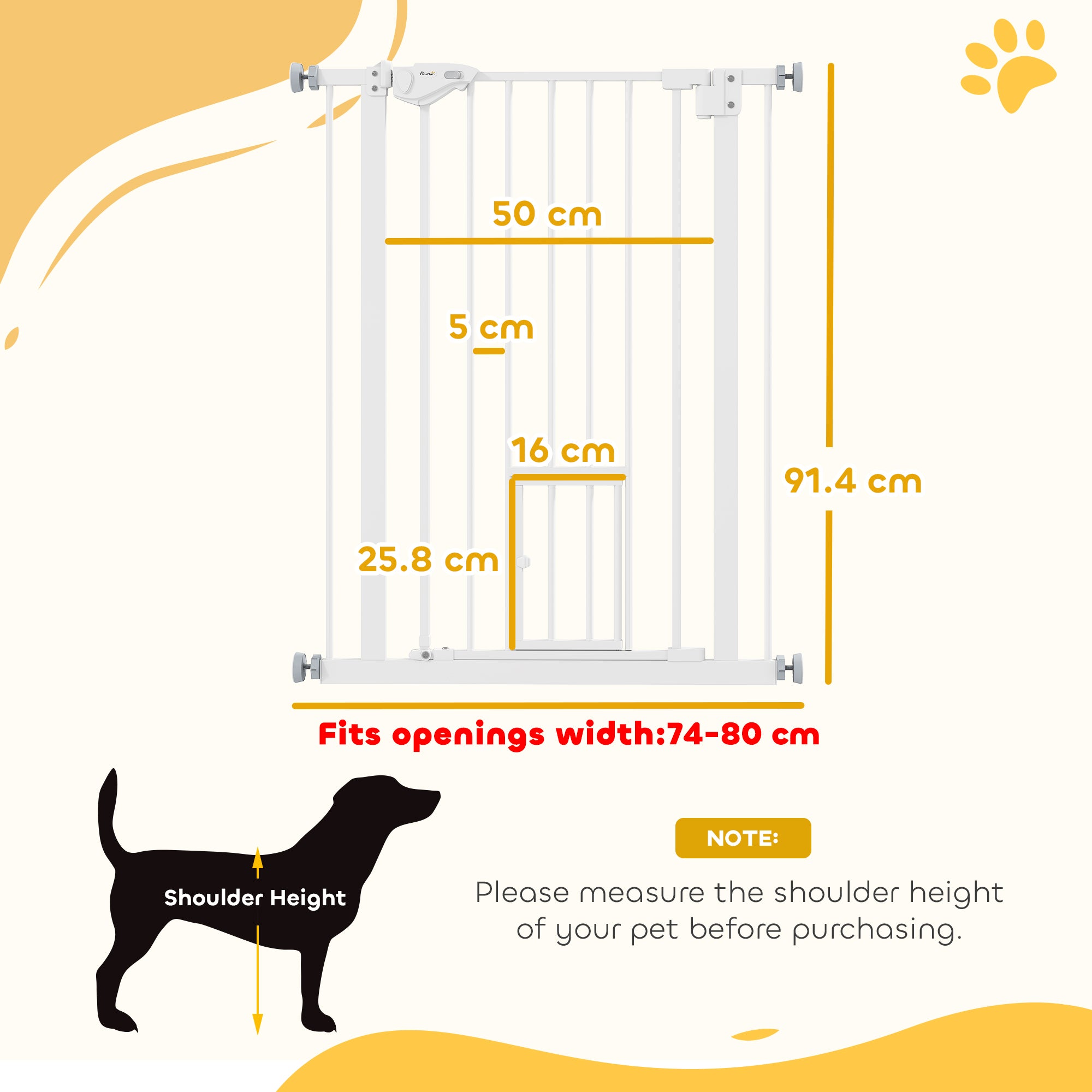 Dog Door Gate, Stair Gate, 74-80 cm Dog Door Gate, Stair Protection, Safety Gate, Automatic Closing, Steel, White