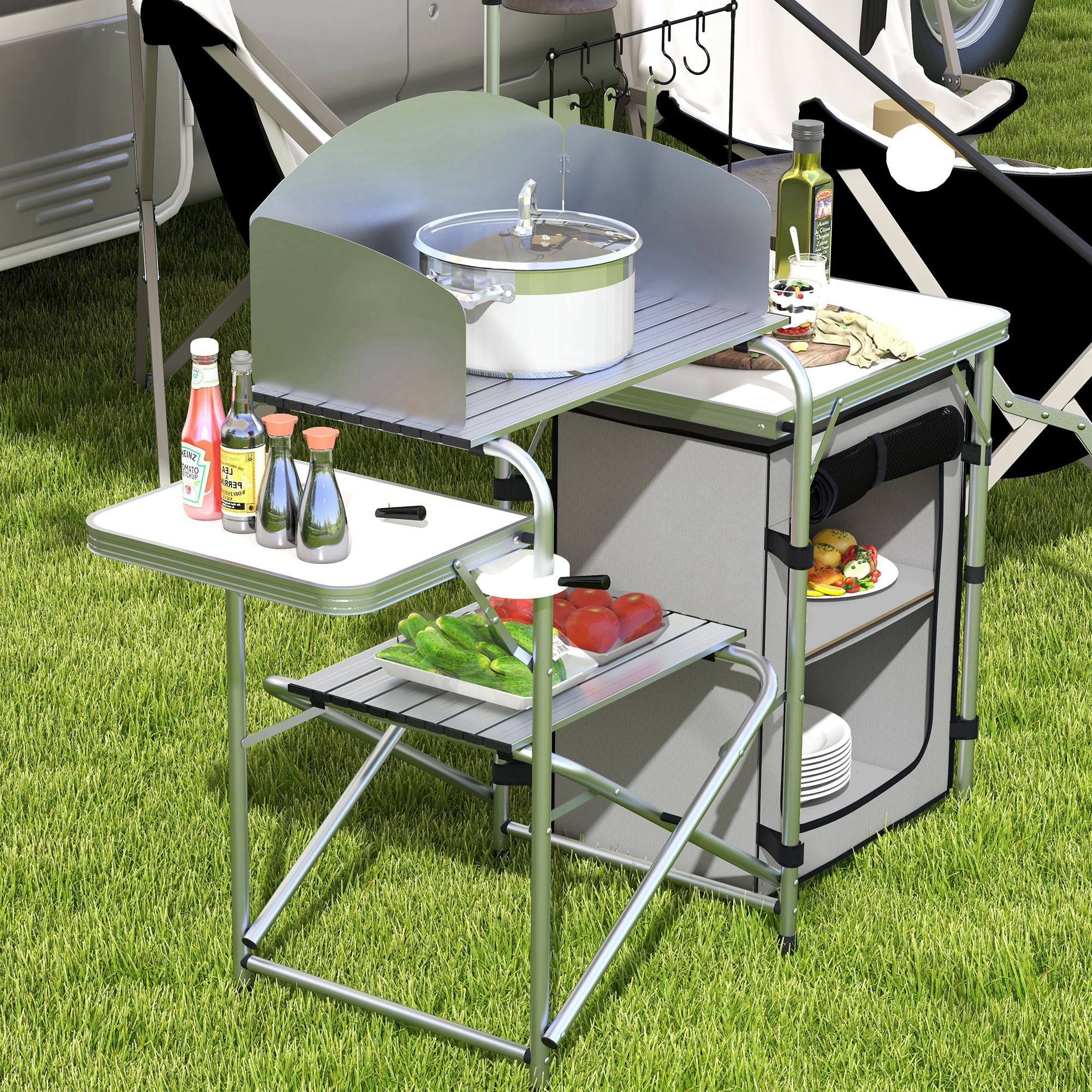 Folding Camping Kitchen, Outdoor Kitchen with UV Protection, Windshield, Cabinet, 3 Work Surfaces, Light Stand, Aluminum, for Camping, Garden, Silver