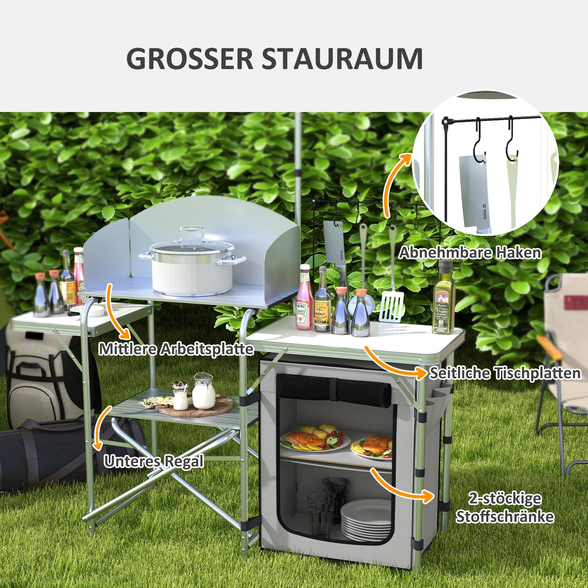 Folding Camping Kitchen, Outdoor Kitchen with UV Protection, Windshield, Cabinet, 3 Work Surfaces, Light Stand, Aluminum, for Camping, Garden, Silver
