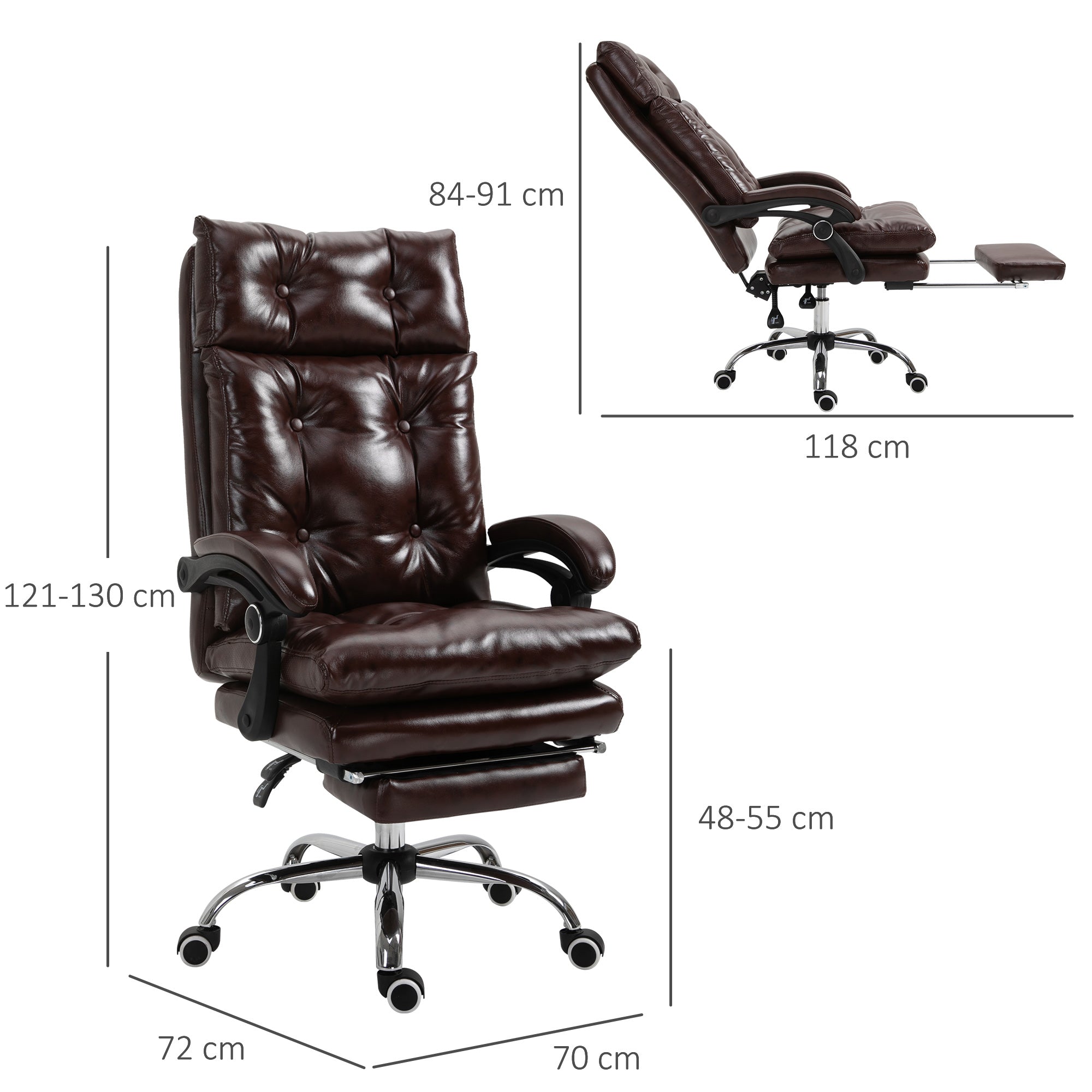 Ergonomic Executive Office Chair in Faux Leather, Swivel Office Chair with Adjustable Height, Reclining 135°, and Retractable Footrest for Study and Desk, Brown
