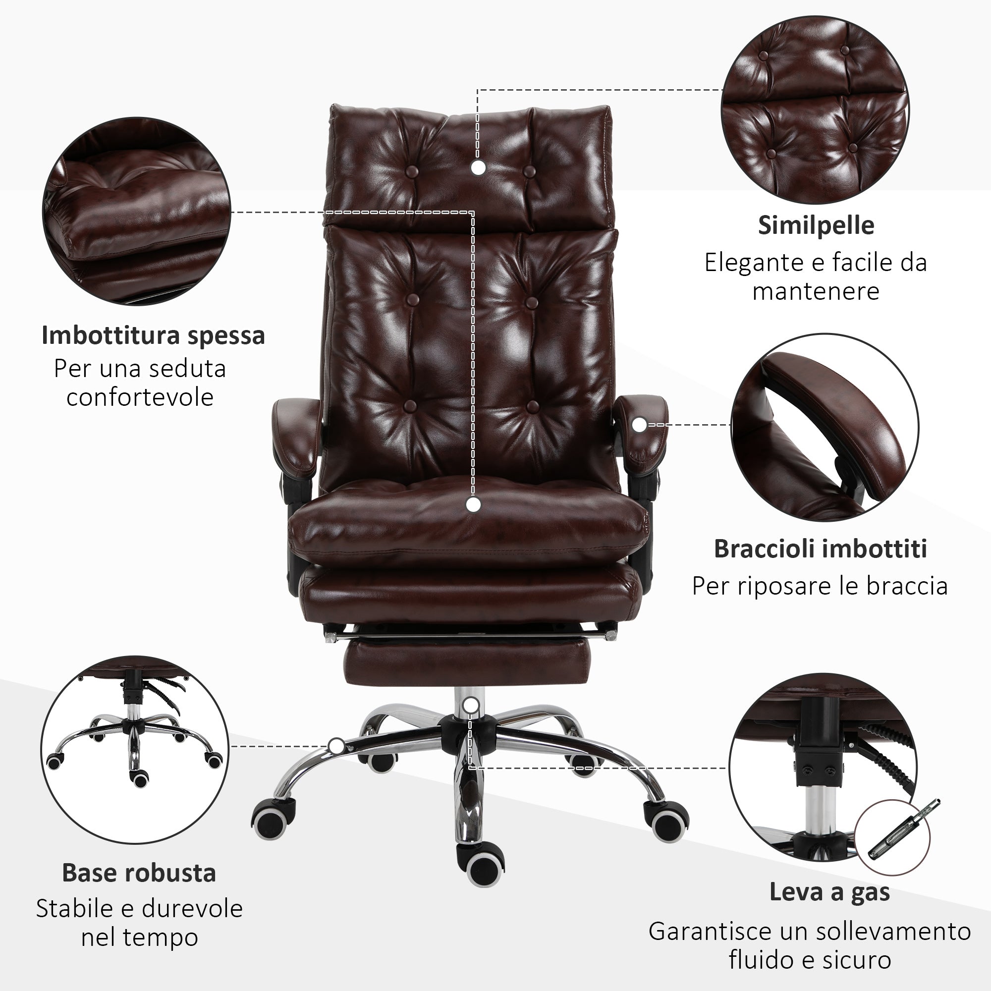 Ergonomic Executive Office Chair in Faux Leather, Swivel Office Chair with Adjustable Height, Reclining 135°, and Retractable Footrest for Study and Desk, Brown