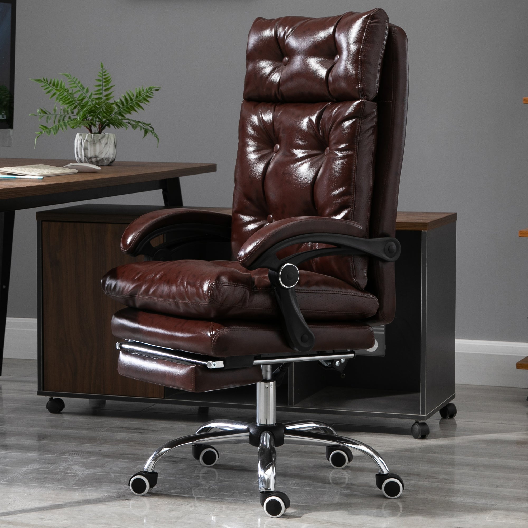 Ergonomic Executive Office Chair in Faux Leather, Swivel Office Chair with Adjustable Height, Reclining 135°, and Retractable Footrest for Study and Desk, Brown