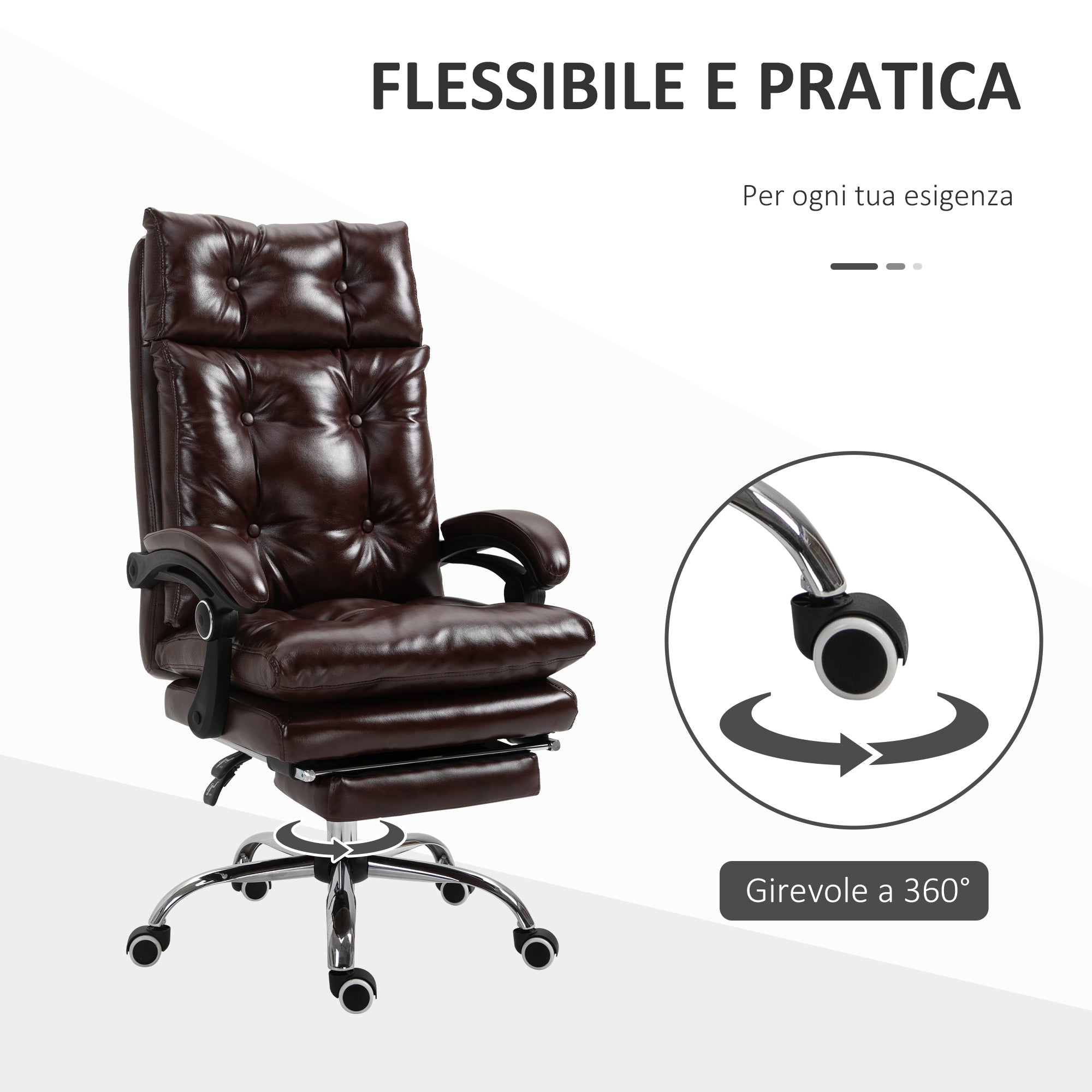 Ergonomic Executive Office Chair in Faux Leather, Swivel Office Chair with Adjustable Height, Reclining 135°, and Retractable Footrest for Study and Desk, Brown