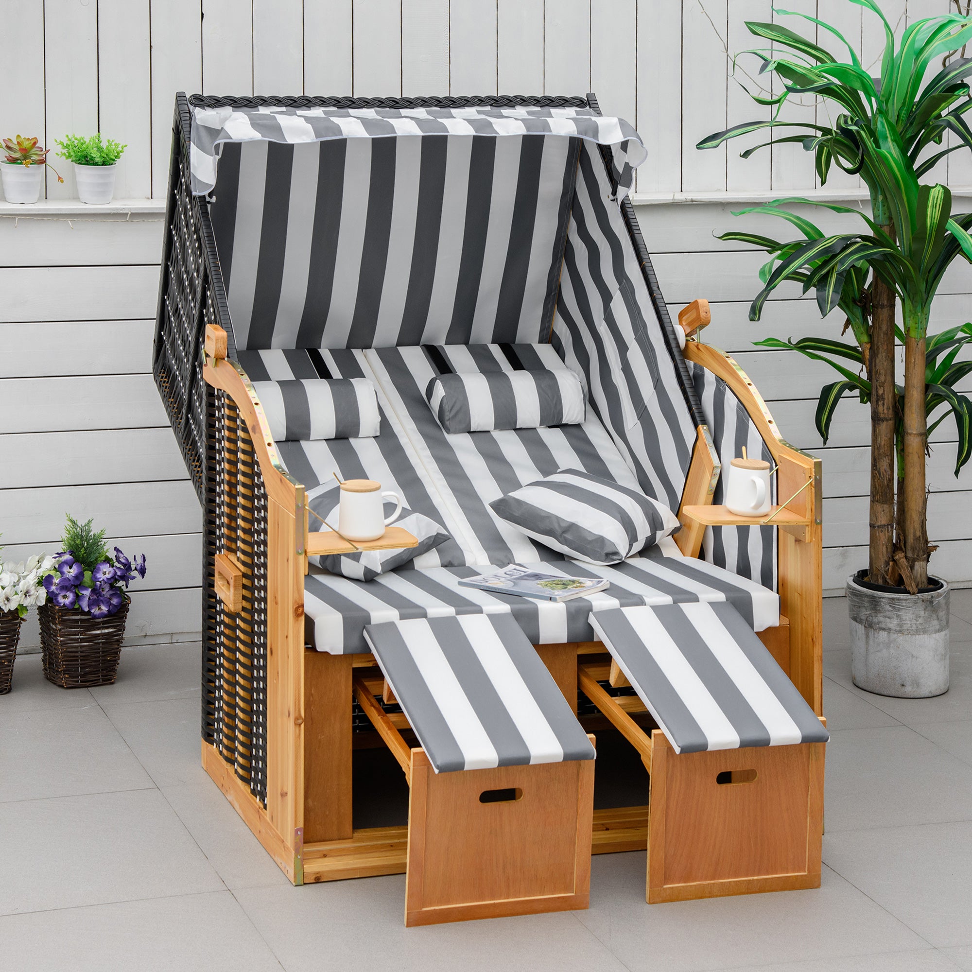 Baltic Sea Full Recliner 2-Seater Beach Chair made of fir wood, 5-level adjustable backrest, beach chair with footrest side tables, PE wicker, beach chair for balcony, Gray+White