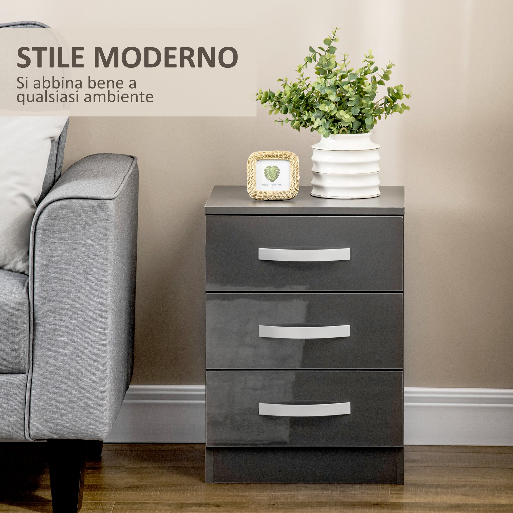 Bedside Table Modern, Set of 2 with 3 Drawers for Bedroom and Living Room made of MDF, 40x36x56cm, Gray