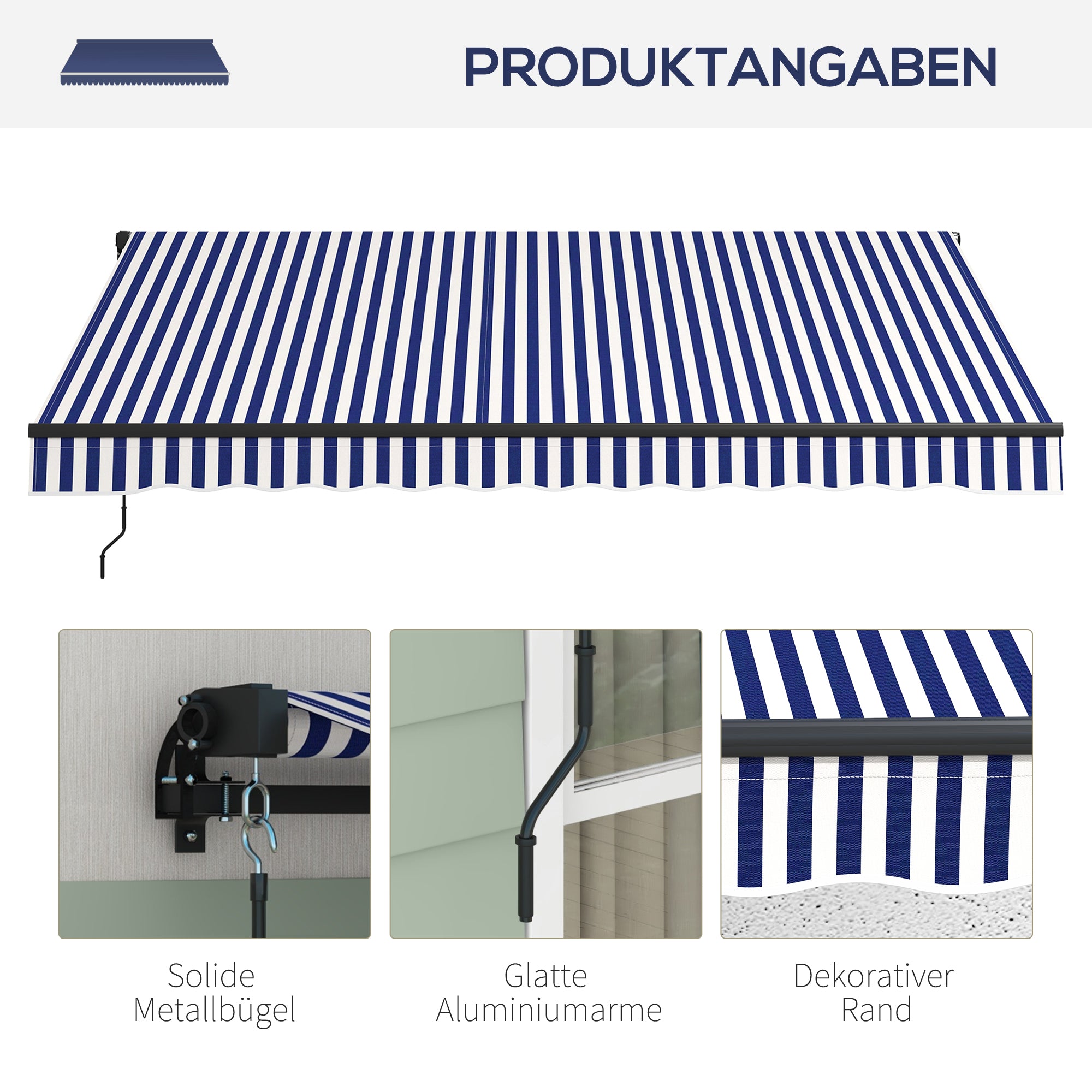 Retractable Awning with Hand Crank, 350 x 300 cm, UV30+ Sun Shade Patio Awning, Adjustable Angle 45-85°, Balcony Awning with Waterproof Coating, Wall-Mounted, Blue+White