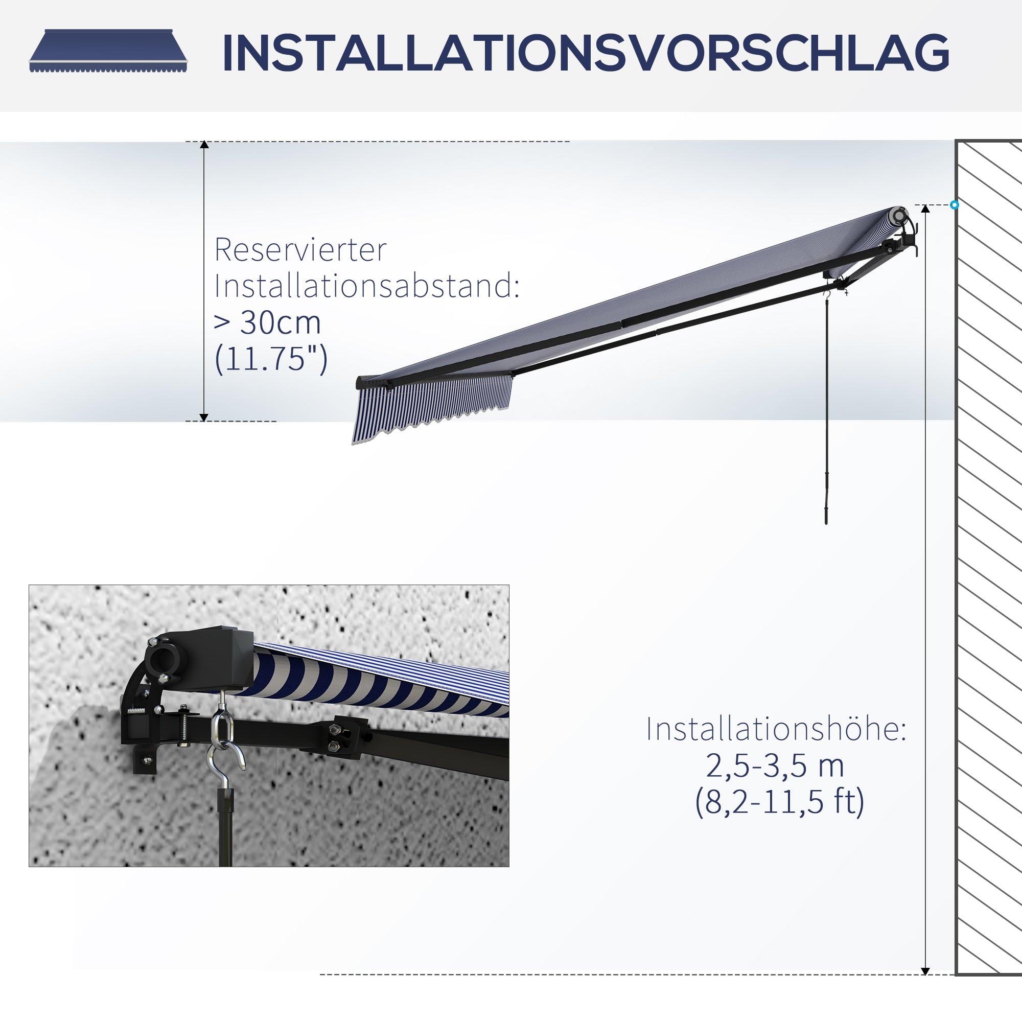 Retractable Awning with Hand Crank, 350 x 300 cm, UV30+ Sun Shade Patio Awning, Adjustable Angle 45-85°, Balcony Awning with Waterproof Coating, Wall-Mounted, Blue+White