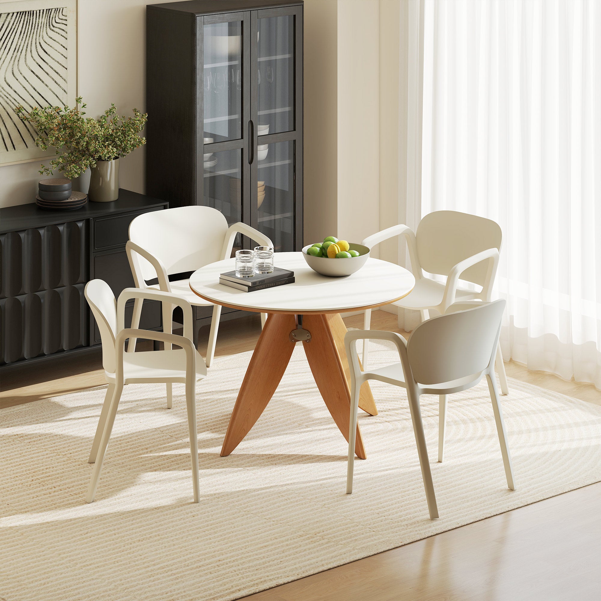 Garden Chair 4-Piece Set Weatherproof Plastic Garden Chairs Stackable Chair with Armrest Backrest Stackable Patio Chair Supports up to 120 kg Garden Furniture for Backyard, Garden, Balcony White