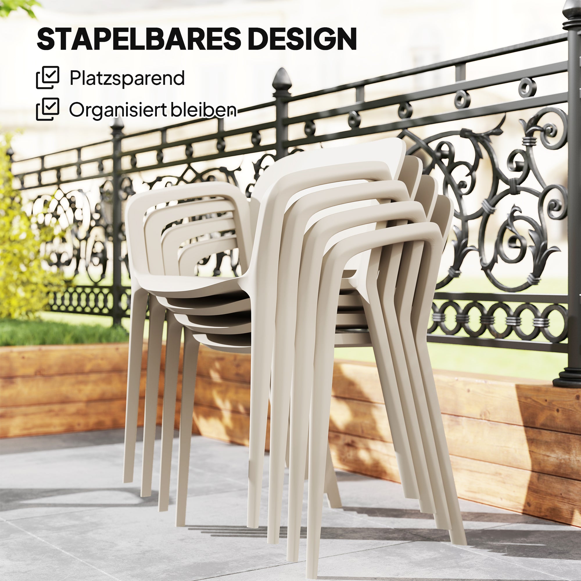 Garden Chair 4-Piece Set Weatherproof Plastic Garden Chairs Stackable Chair with Armrest Backrest Stackable Patio Chair Supports up to 120 kg Garden Furniture for Backyard, Garden, Balcony White