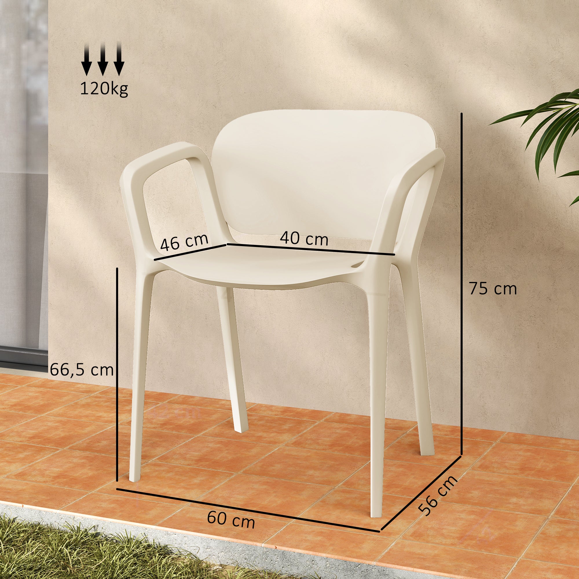 Garden Chair 4-Piece Set Weatherproof Plastic Garden Chairs Stackable Chair with Armrest Backrest Stackable Patio Chair Supports up to 120 kg Garden Furniture for Backyard, Garden, Balcony White