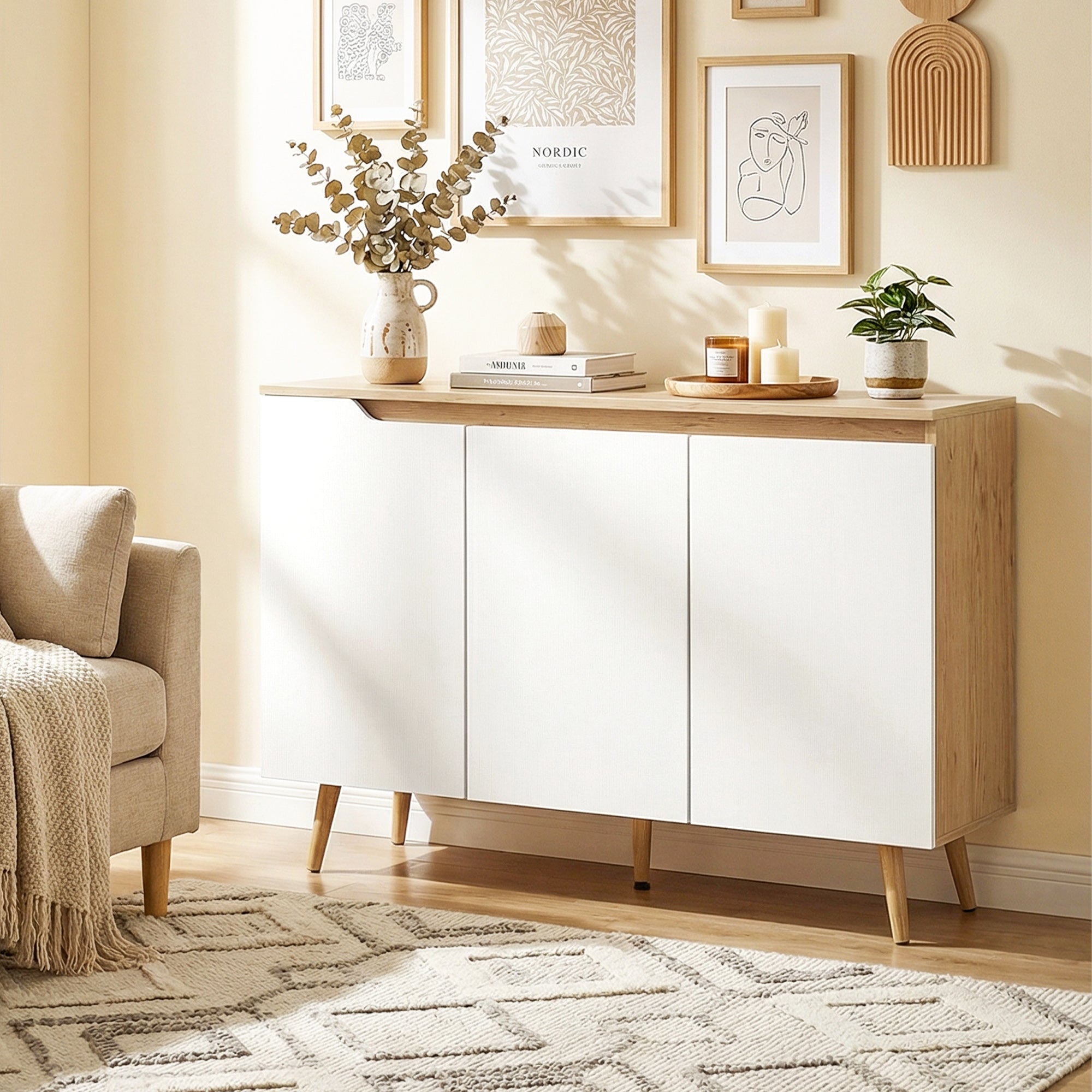 Sideboard Cabinet, 3 Doors, 2 Adjustable Shelves, 5 Hevea Rubberwood Legs, Rustic Oak & White, 107 x 35 x 76.5 cm (42.1 x 13.8 x 30.1 in)