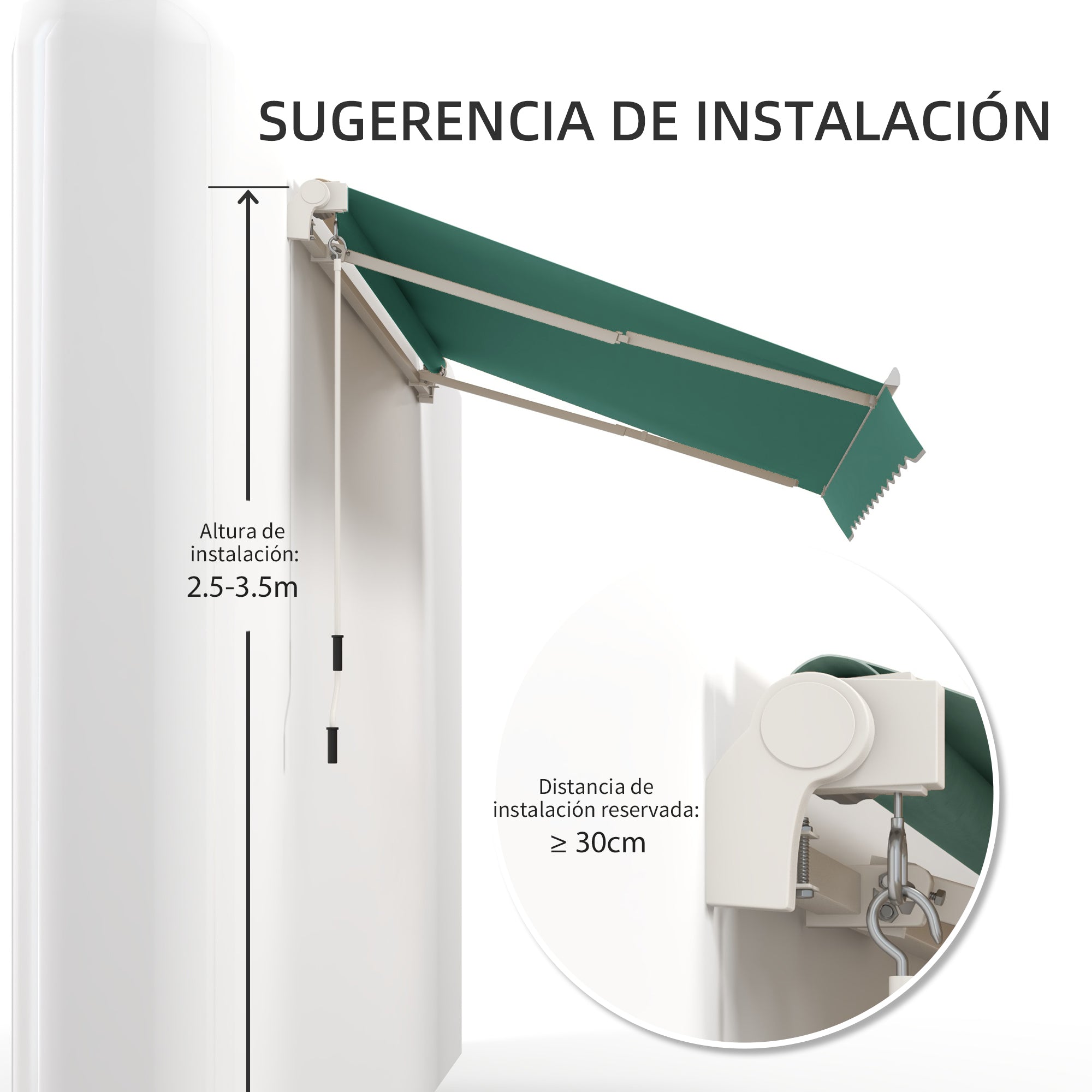 Retractable Manual Awning 3x2.5m Balcony Awning with Waterproof and Anti-UV Metal Crank Outdoor Roll-Up Awning for Garden Terrace Windows Green