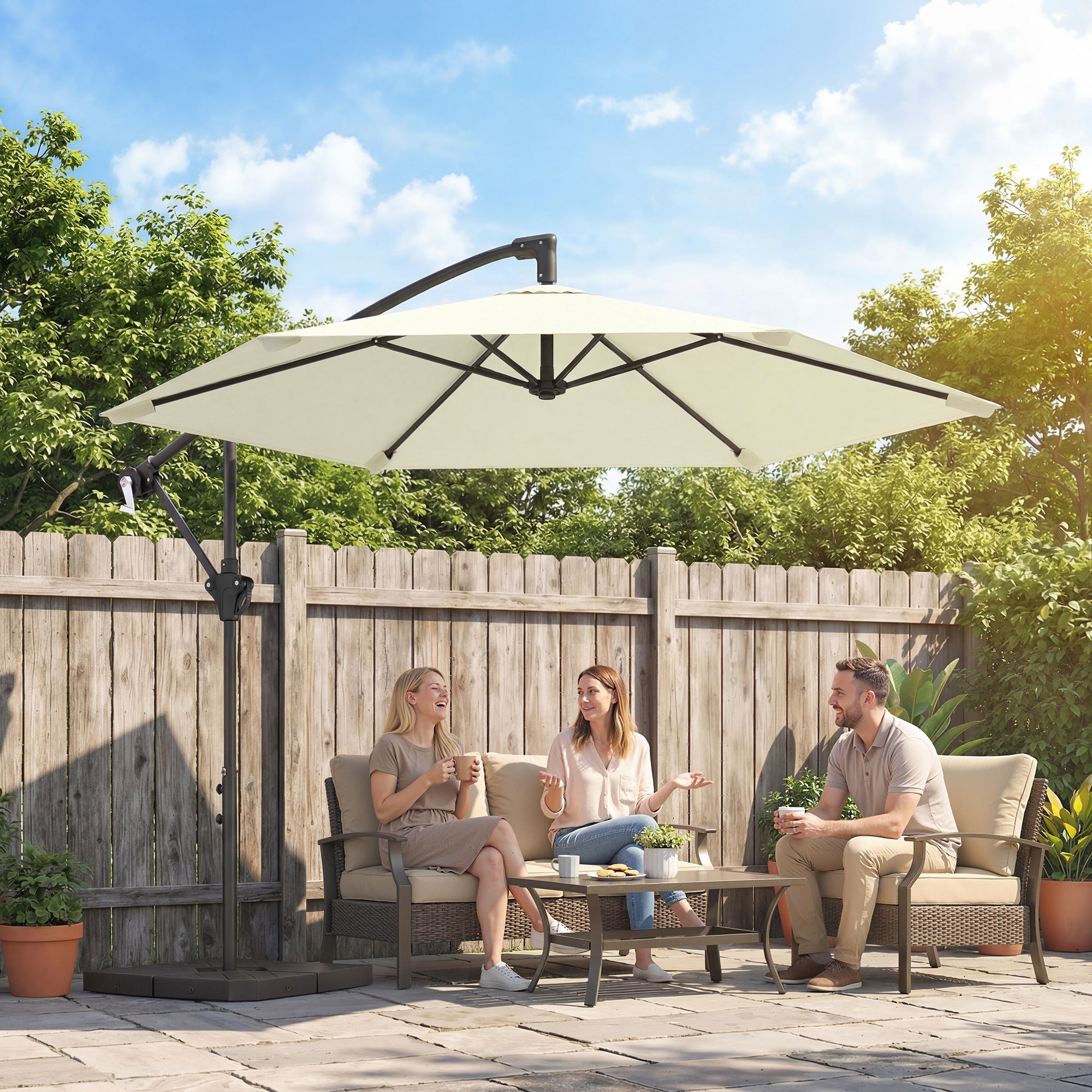 Offset Cantilever Umbrella ~Ø9.7 ft, Crank with Locking Arm, Cross Base & Fillable Weights, UV-Proof Water-Resistant Patio Parasol – Cream White