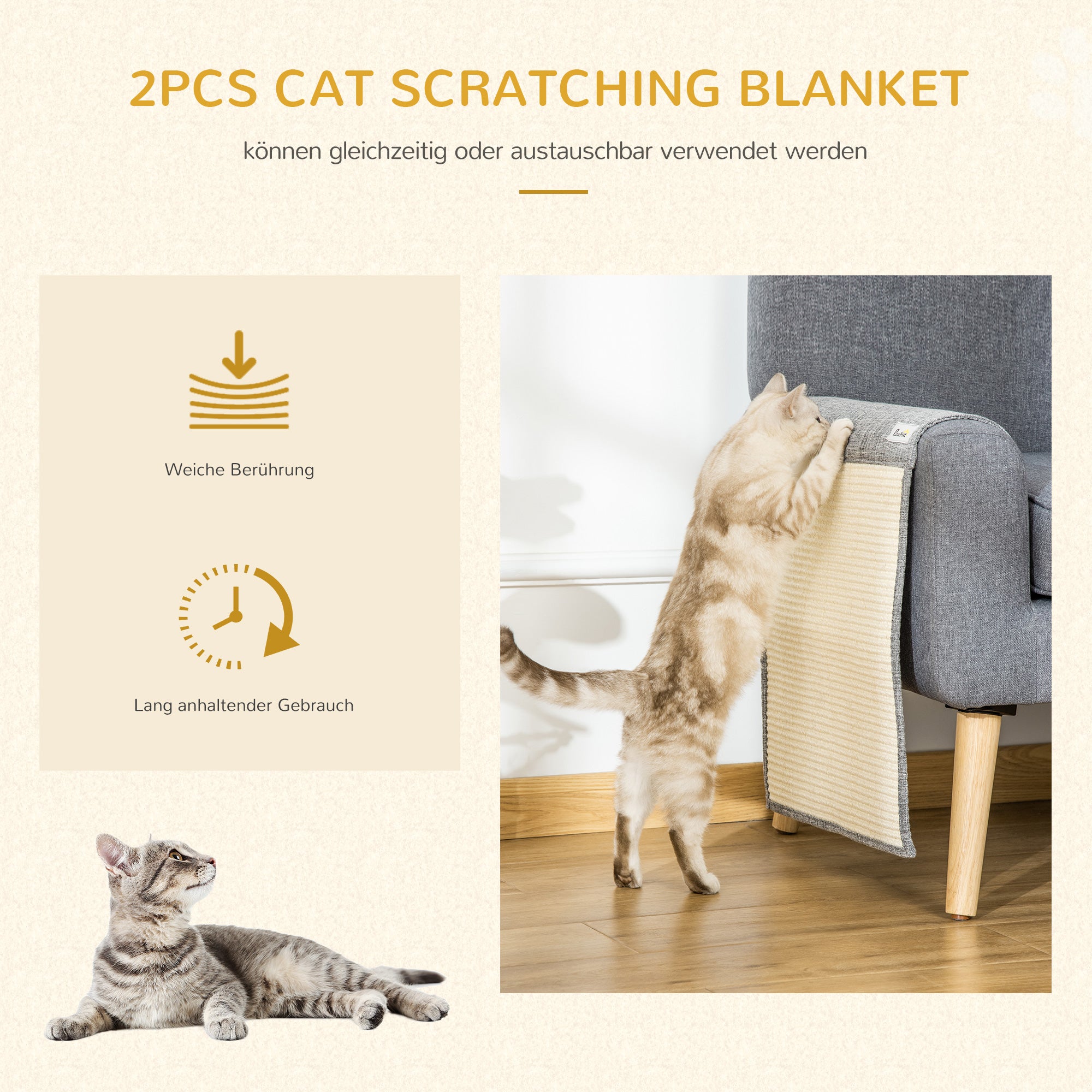 2-Pack Scratching Mat Sofa Scratch Guard Sisal Scratch Carpet for Cat Armchair Couch Cat Scratch Mat Grey 130 x 45 x 0.3 cm