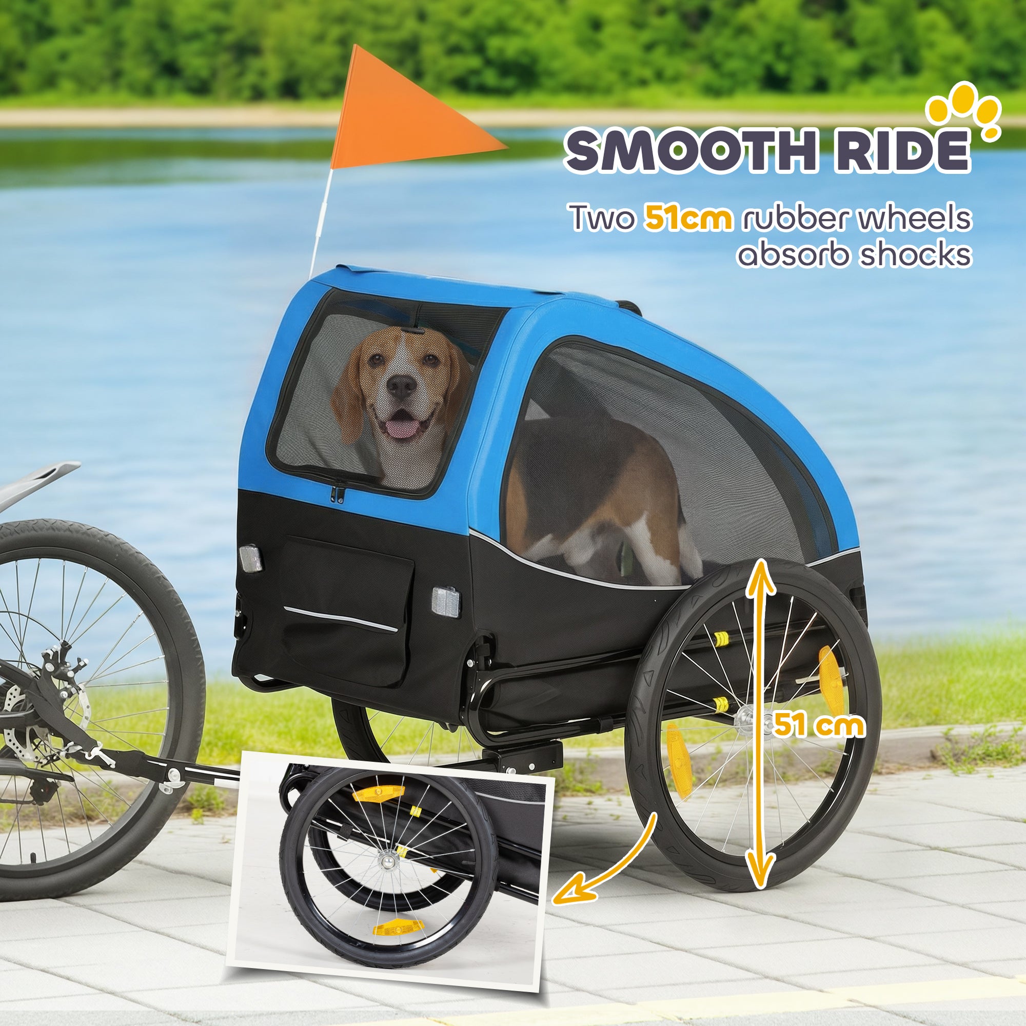 Foldable Dog Bike Trailer with Reflectors, Mesh Windows, Wheels, Rear Door & Safety Flag — Blue — Holds up to 44 lb