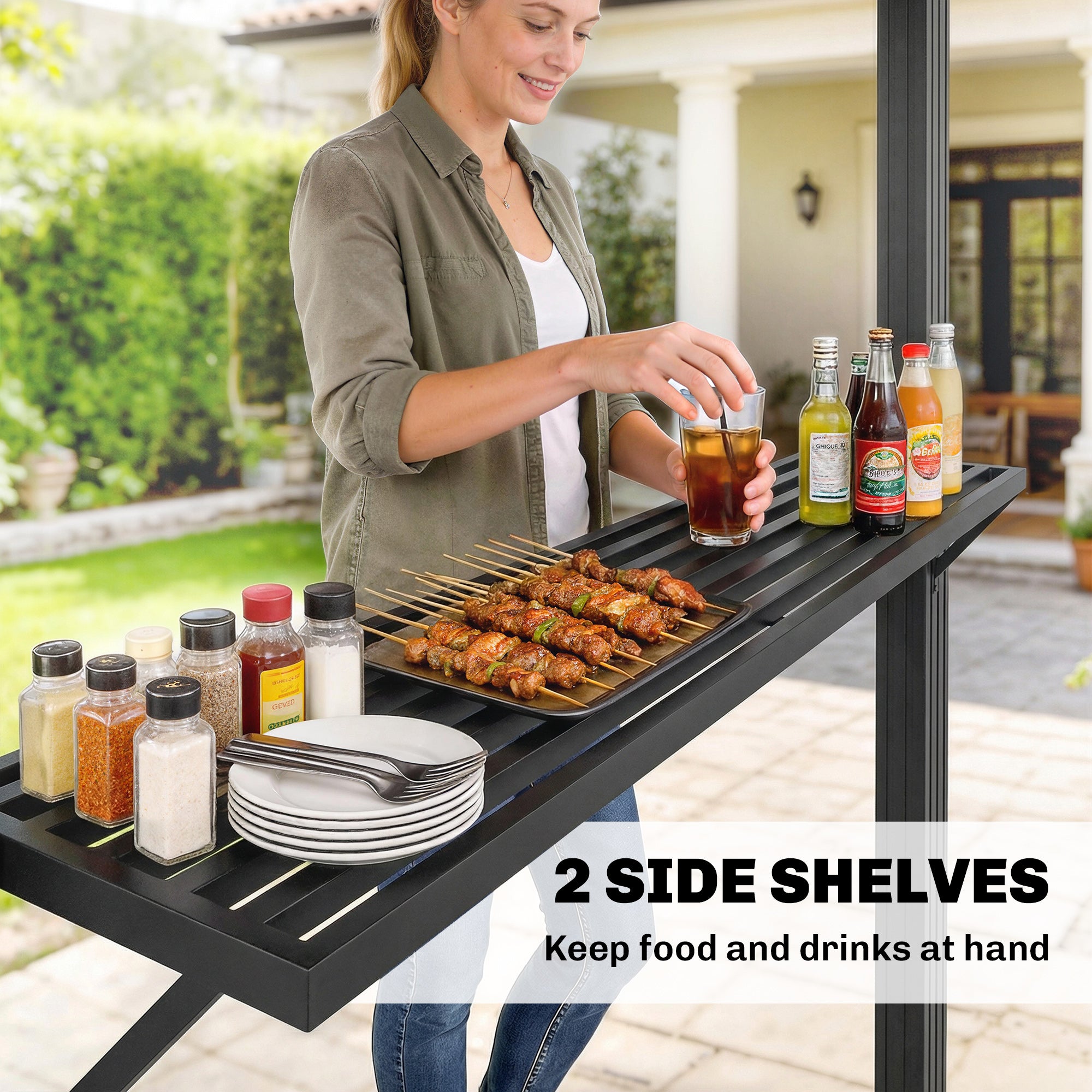 Grill Pavilion 2.5 x 1.5 m (approx. 8.2 x 4.9 ft) — Waterproof Double Polycarbonate Roof BBQ Canopy with Side Shelves, Aluminum Frame, UV-Resistant, Brown