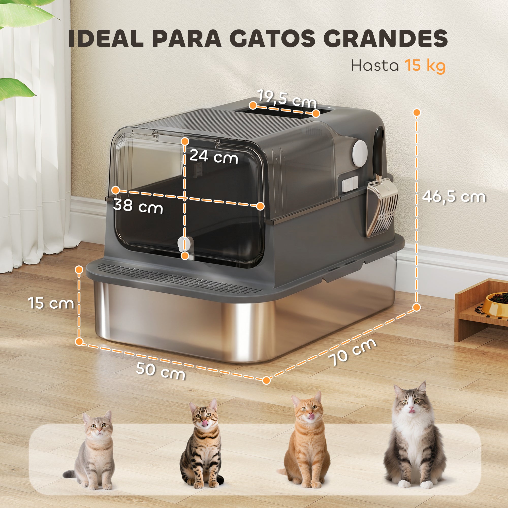 XXL Stainless Steel Cat Litter Box for Large Cats — Flip-Top Covered Litter Box, High Sides, Top Entry, Scoop, Odor-Resistant, Easy-Clean, Leak-Proof, Black