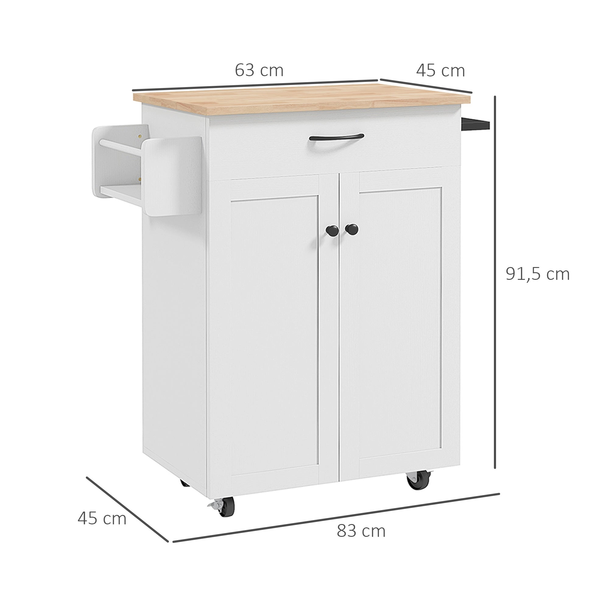 Kitchen Trolley, Rolling Serving Cart with Hevea Wood Top, Kitchen Furniture with Drawer, 2-Door Cabinet, and Spice Rack, 83 x 45 x 91.5 cm, White