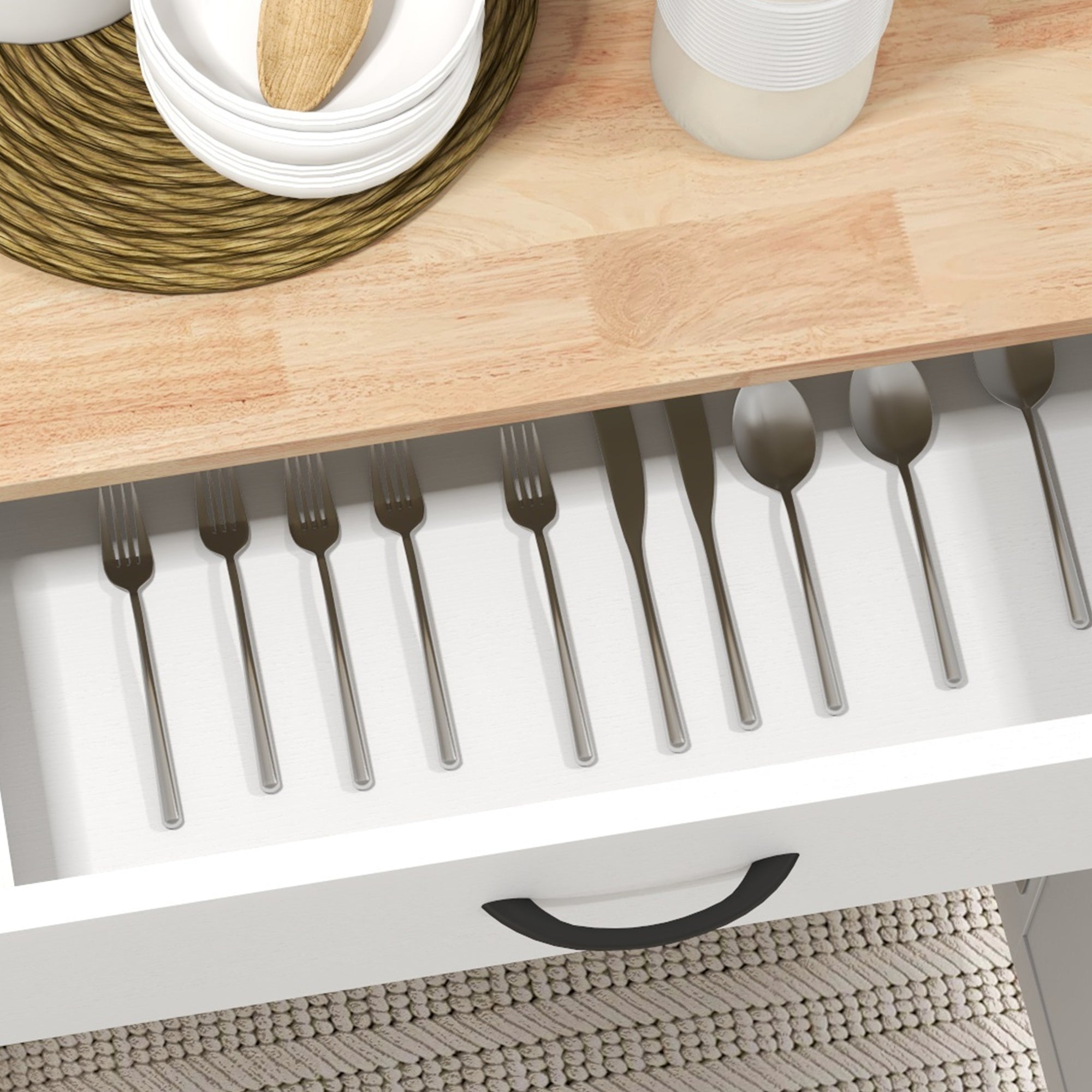 Kitchen Trolley, Rolling Serving Cart with Hevea Wood Top, Kitchen Furniture with Drawer, 2-Door Cabinet, and Spice Rack, 83 x 45 x 91.5 cm, White