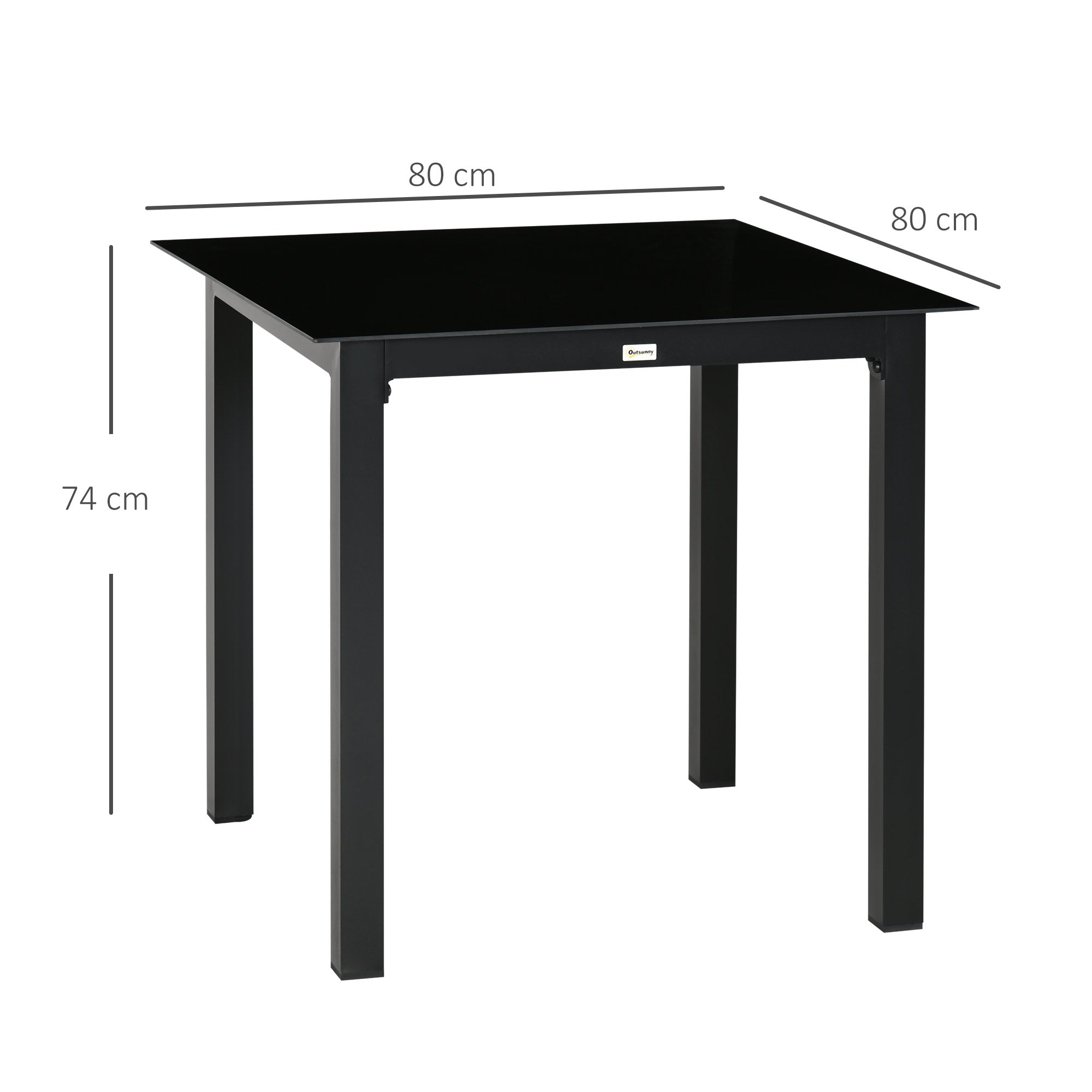 Garden Table, Square Dining Table for Garden, Balcony Table for 4 People Patio Table with Tempered Glass Top, Aluminum, Black, 80 x 80 x 74 cm
