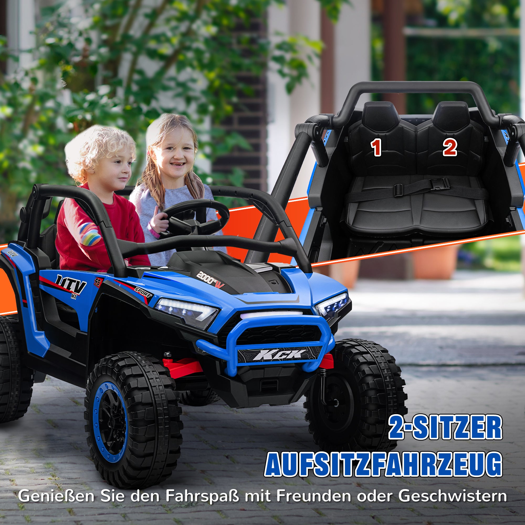 Kids Electric Car, 24V 5-7 km/h Off-Road Vehicle with Music Connection, Children's Vehicle with 2.4G Remote Control, Headlights, Horn, Electric Vehicle for Kids 3-8 Years, Blue