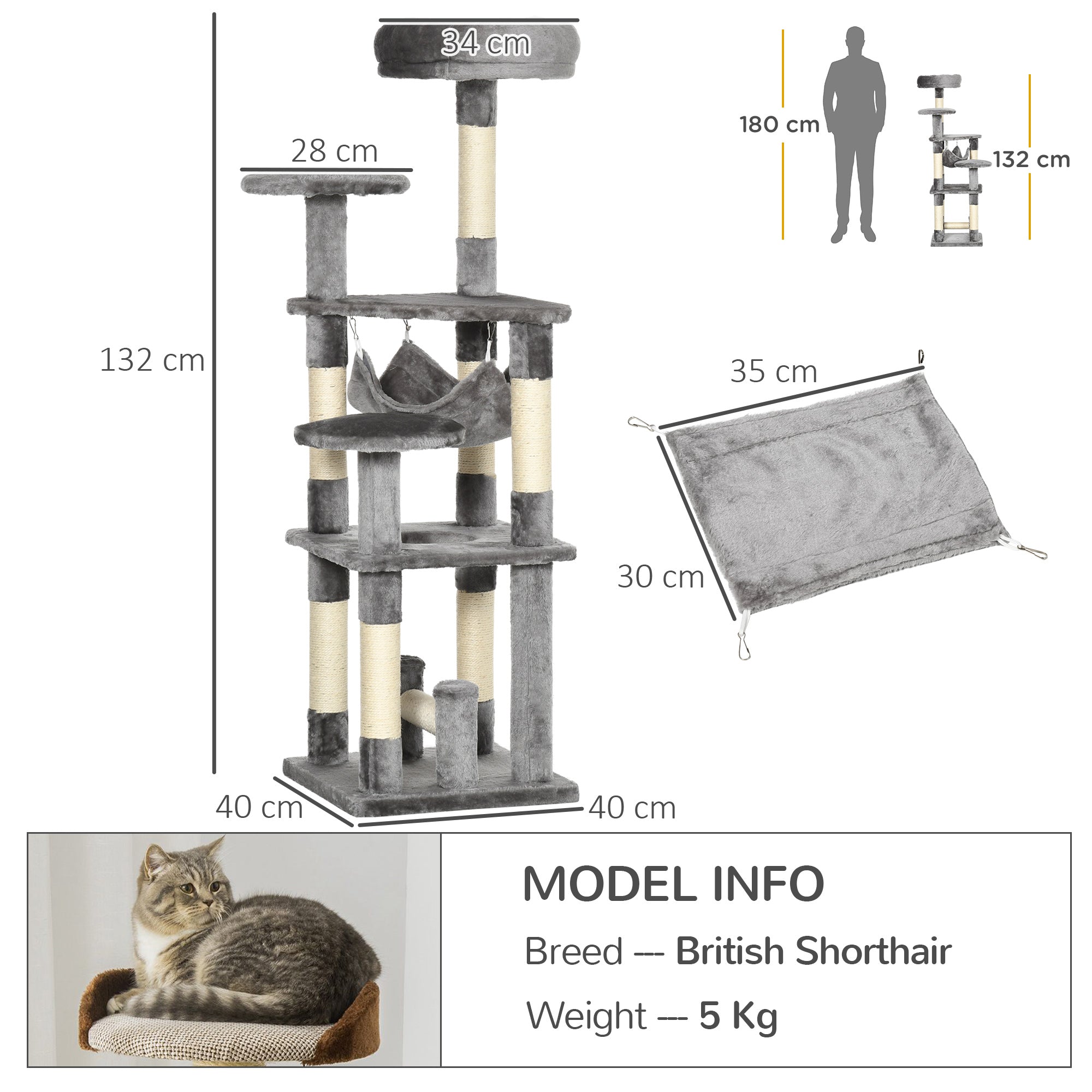 Cat Tree Cat Scratching Post Cat Play Tower Cat Climbing Tree Scratching Post Hammock Gray L40 x W40 x H132 cm