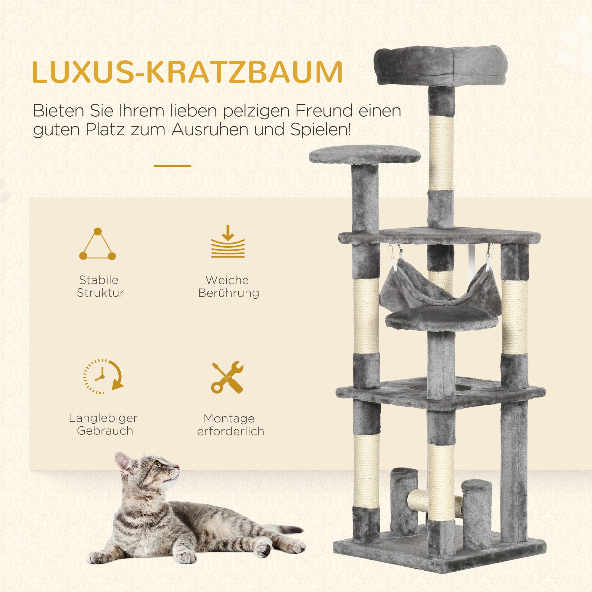 Cat Tree Cat Scratching Post Cat Play Tower Cat Climbing Tree Scratching Post Hammock Gray L40 x W40 x H132 cm