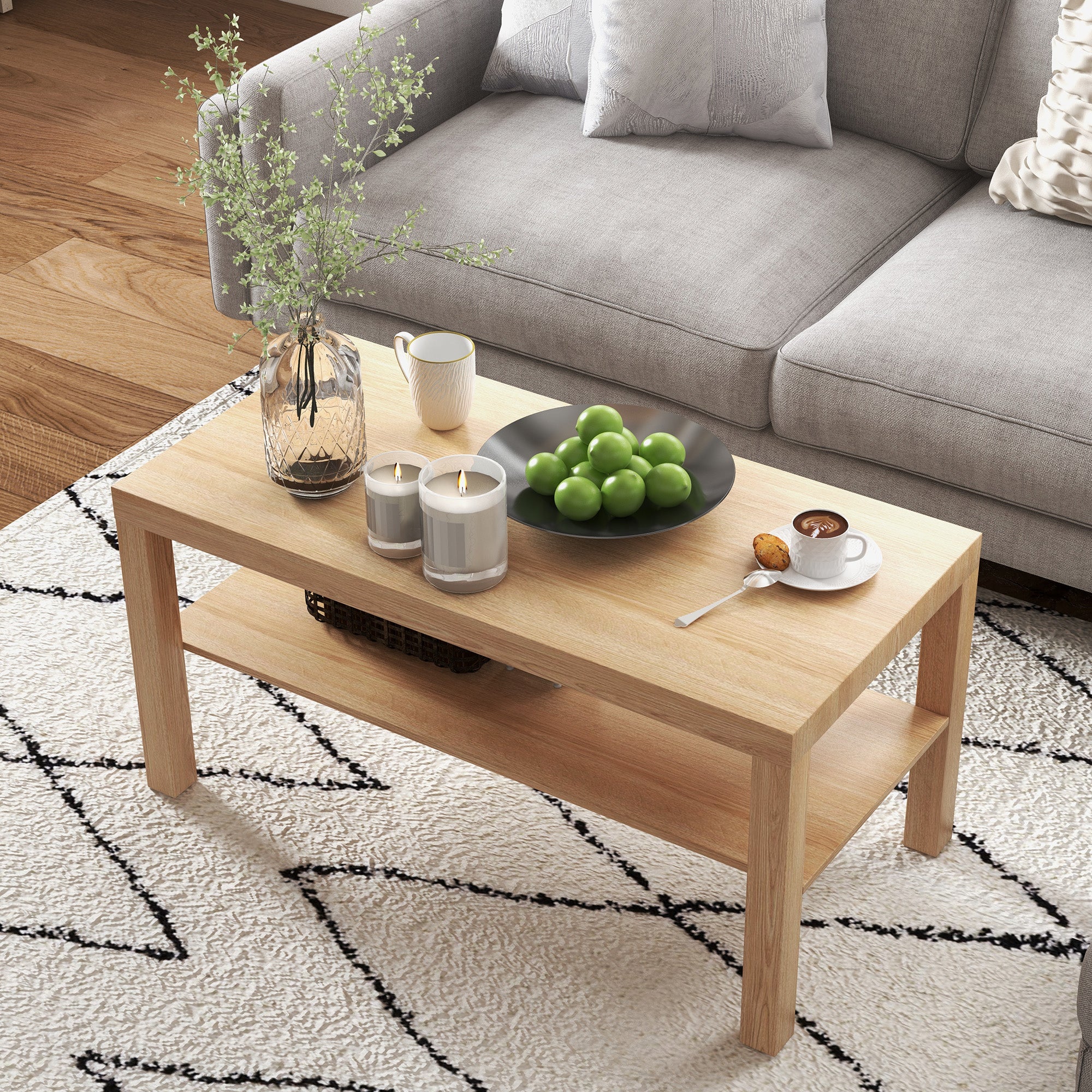 Coffee Table Low Table for Living Room with 2 Storage Shelves for Bedroom Living Room 90x45x44.5 cm Natural