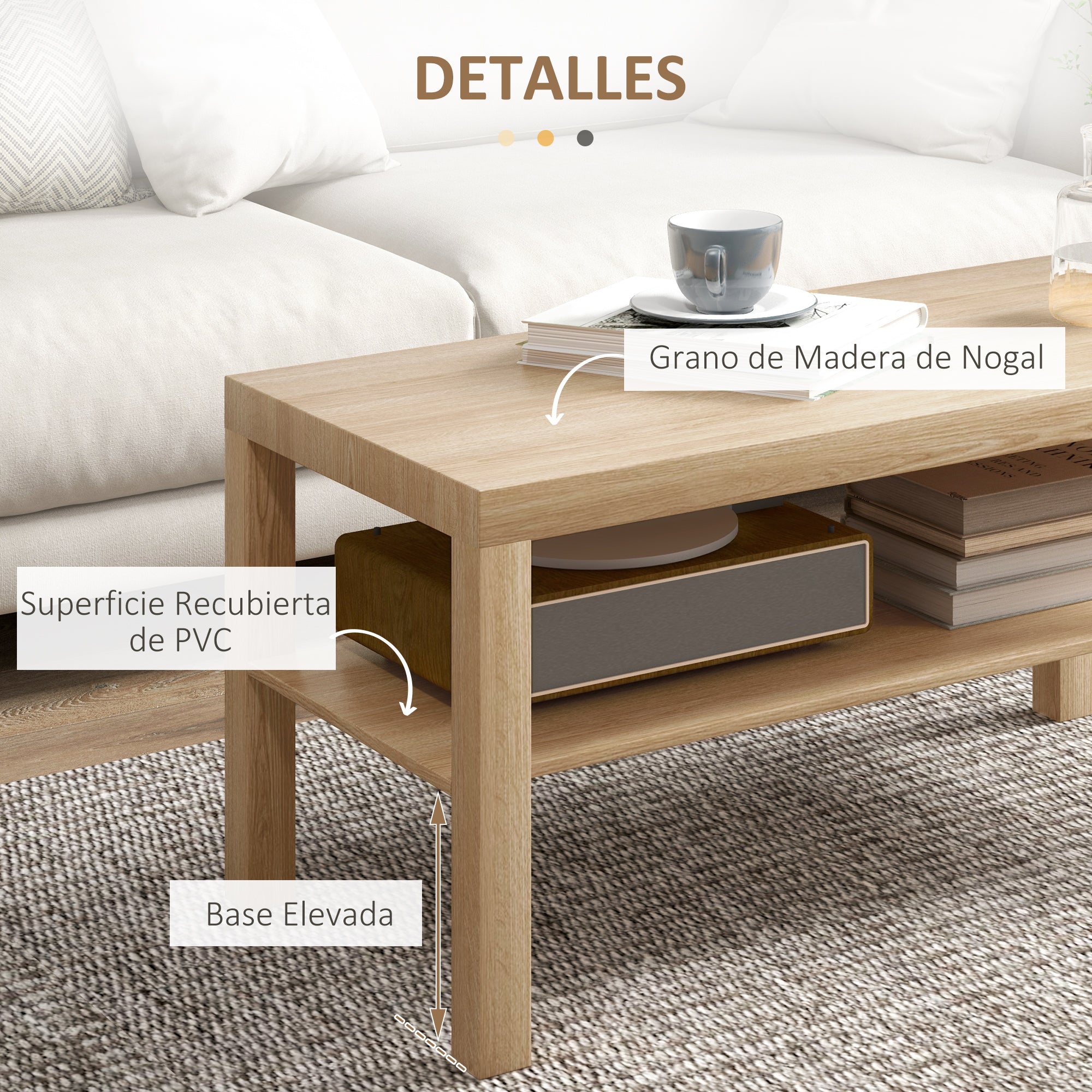 Coffee Table Low Table for Living Room with 2 Storage Shelves for Bedroom Living Room 90x45x44.5 cm Natural