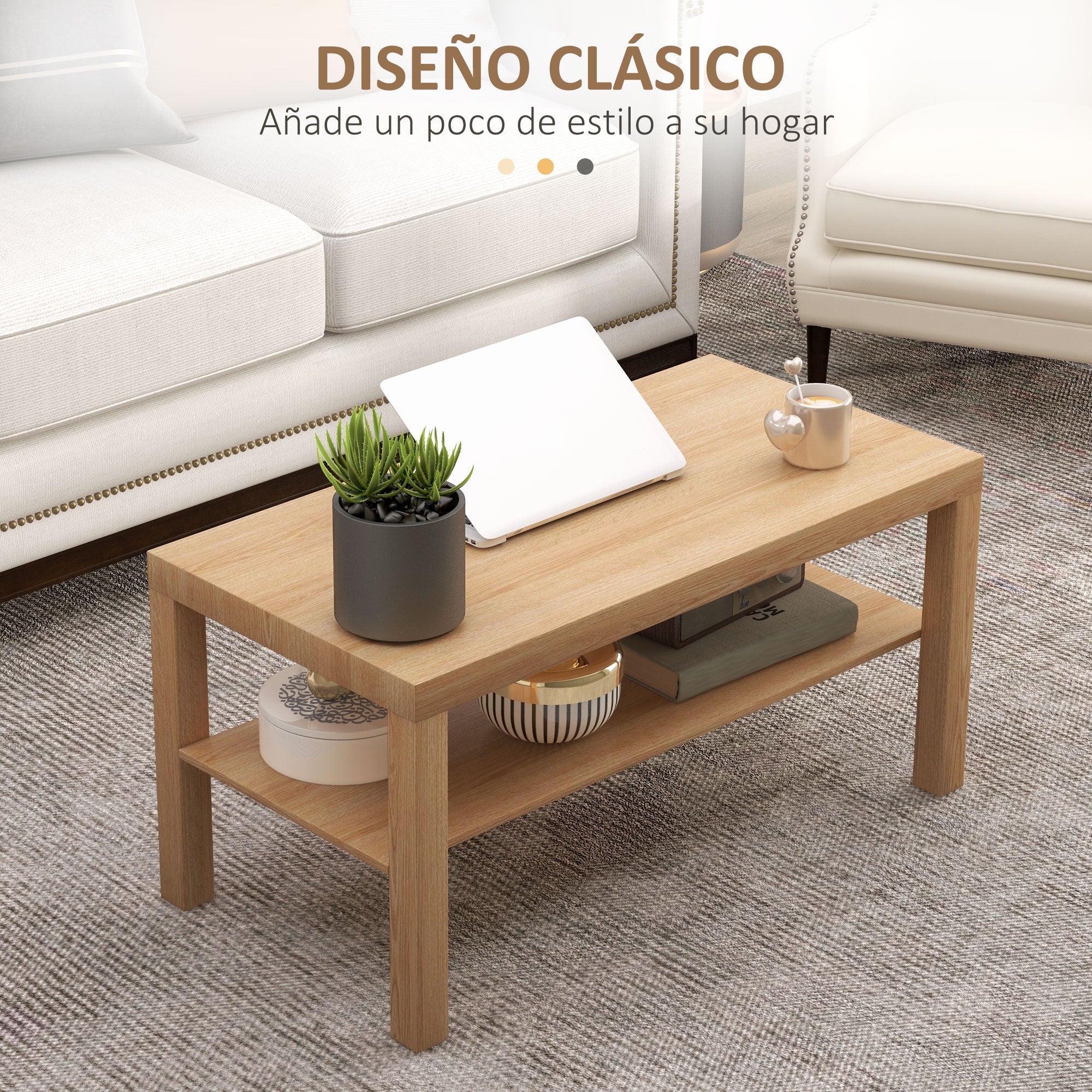Coffee Table Low Table for Living Room with 2 Storage Shelves for Bedroom Living Room 90x45x44.5 cm Natural