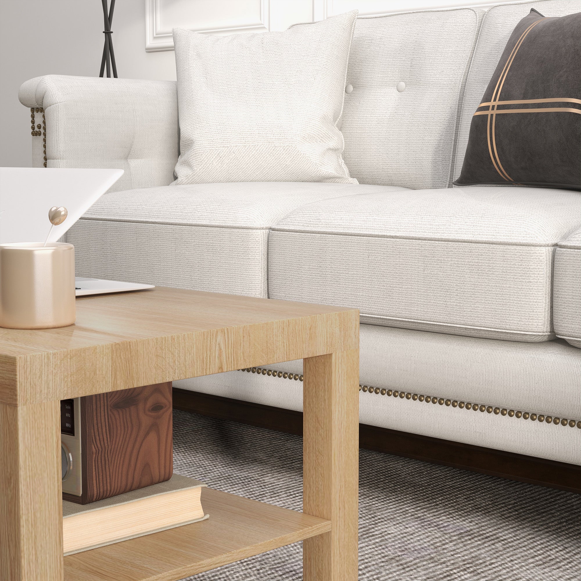 Coffee Table Low Table for Living Room with 2 Storage Shelves for Bedroom Living Room 90x45x44.5 cm Natural