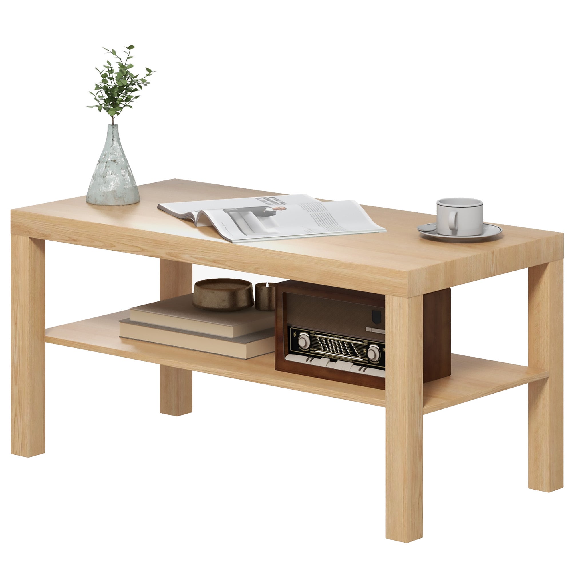 Coffee Table Low Table for Living Room with 2 Storage Shelves for Bedroom Living Room 90x45x44.5 cm Natural