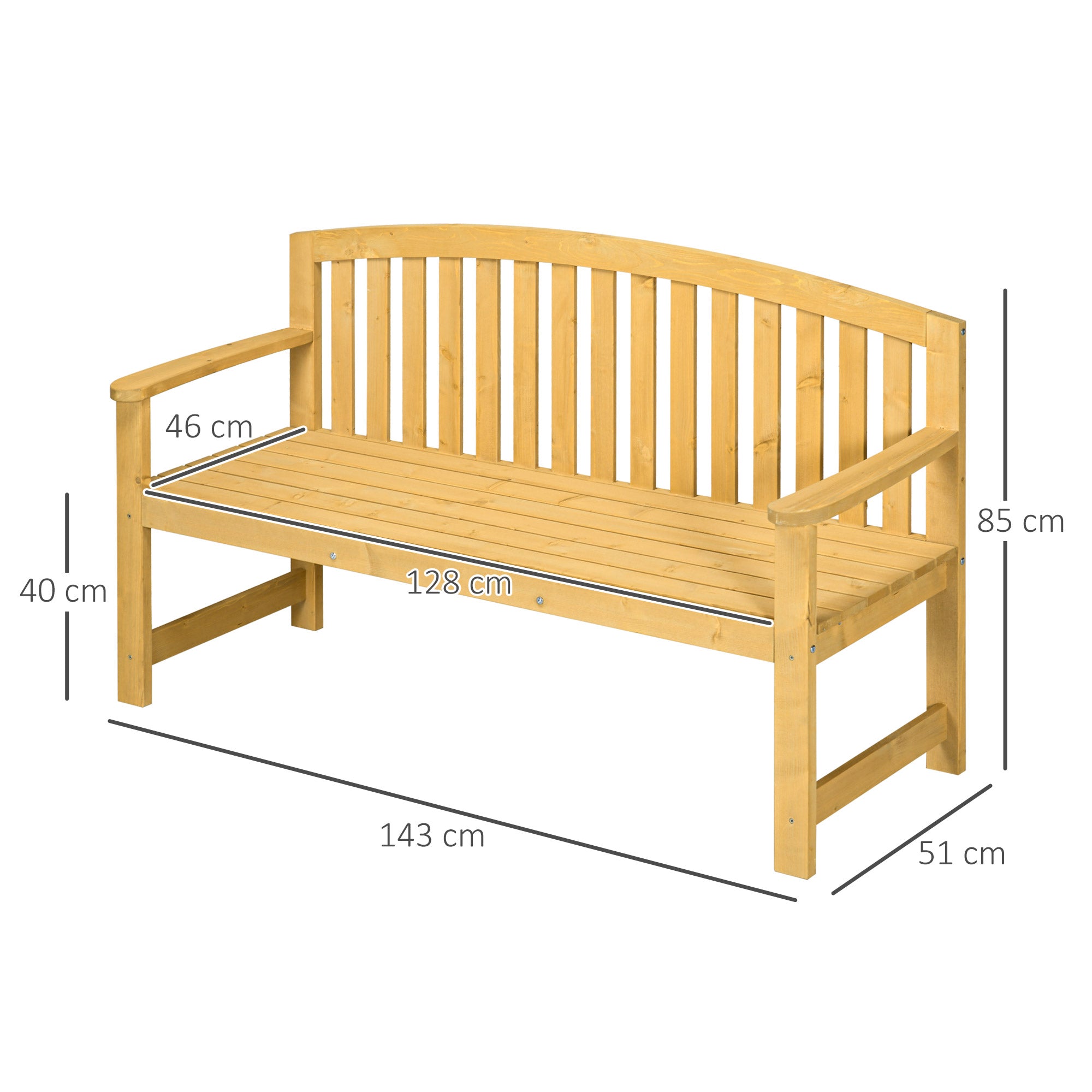 2-Seater Garden Bench Outdoor Wooden Slatted Bench with Backrest and Armrests for Patio Terrace 143x51x85 cm Natural