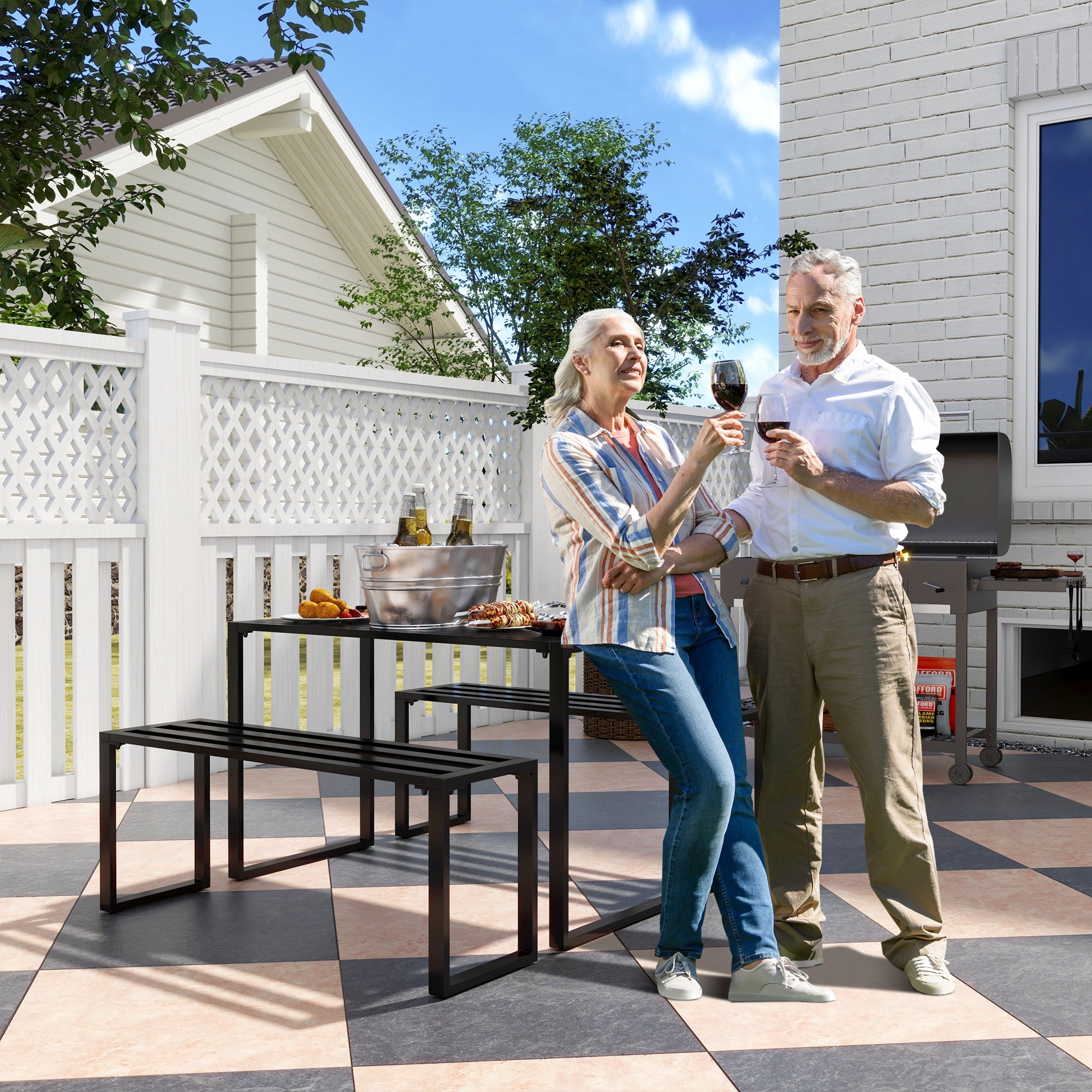 Outdoor Furniture Set 3-piece Seating Group Garden Furniture 1 x Table 2 x Bench Metal Black 110 x 55 x 70 cm