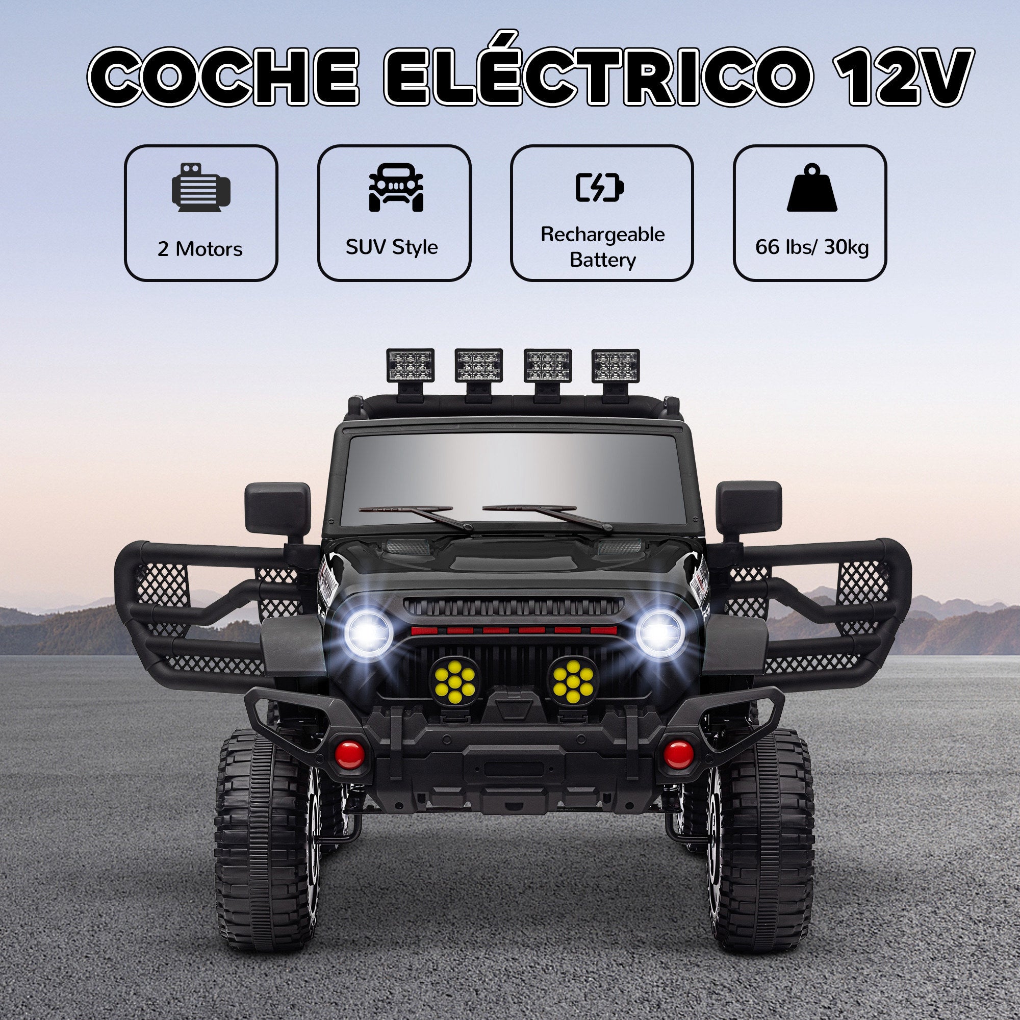 Kids Electric Car for +3 Years Off-Road Battery 12V Electric Children's Car with Remote Control Shock Absorbing Wheels Bluetooth LED Headlights Horn Music Black