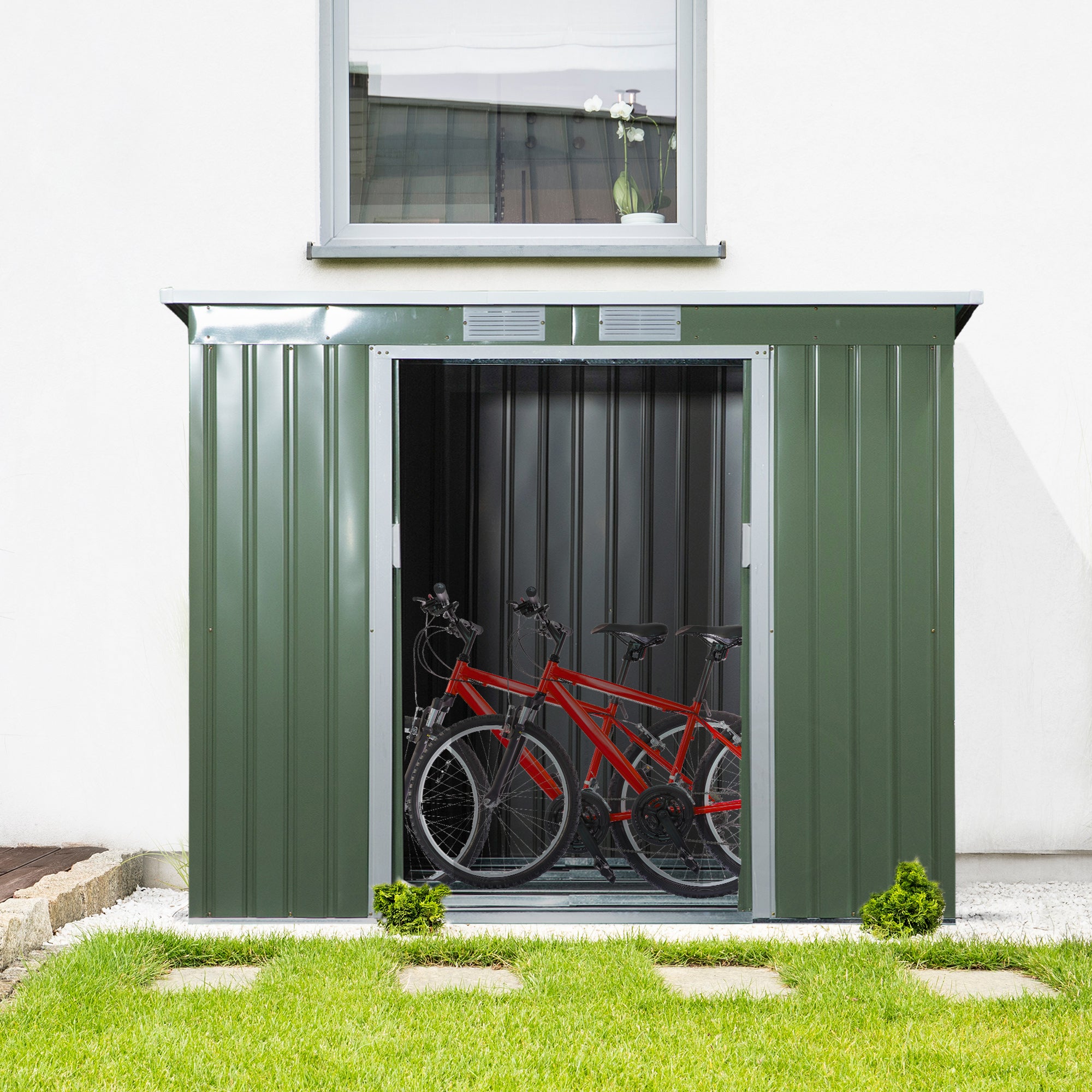 Tool Shed 2.42 m², Garden House with Ventilation Window, Sliding Door, Foundation, 213 x 130 x 159/172 cm, Tool Shed Made of Galvanized Steel, Weatherproof, for Garden, Green