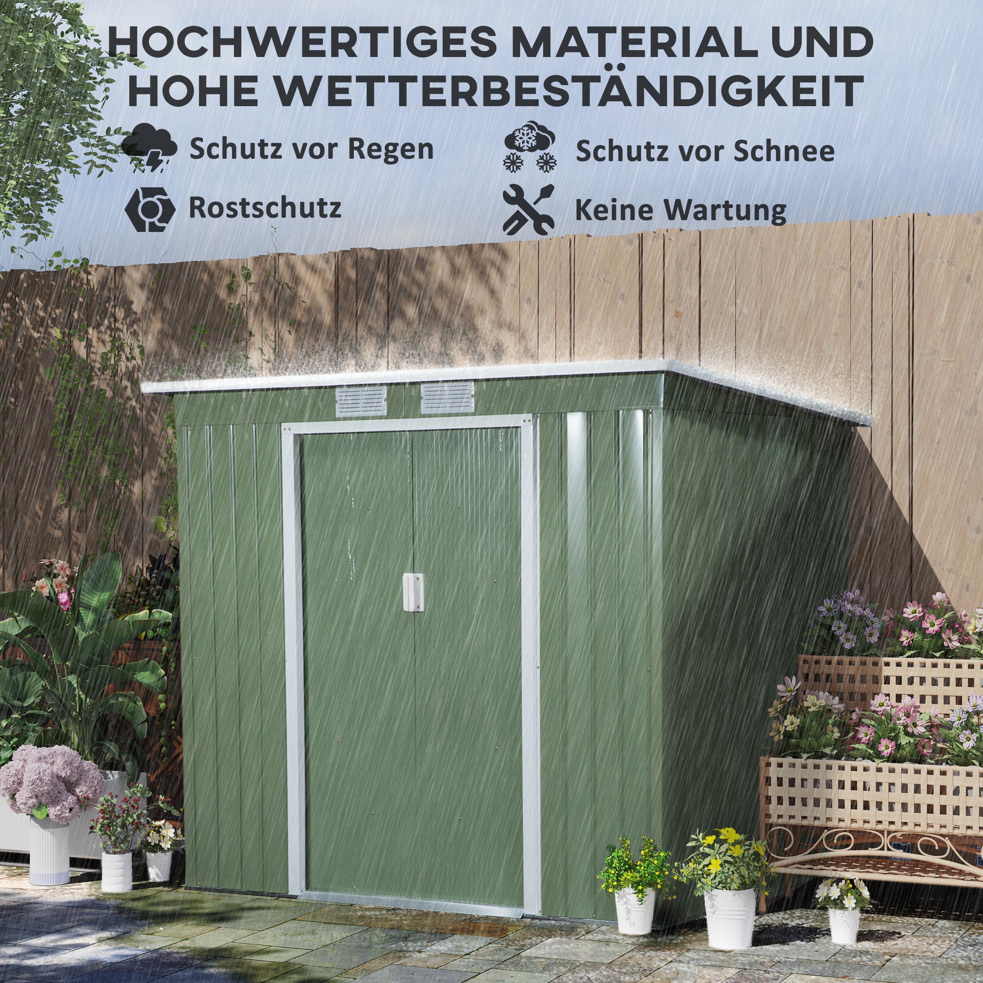 Tool Shed 2.42 m², Garden House with Ventilation Window, Sliding Door, Foundation, 213 x 130 x 159/172 cm, Tool Shed Made of Galvanized Steel, Weatherproof, for Garden, Green