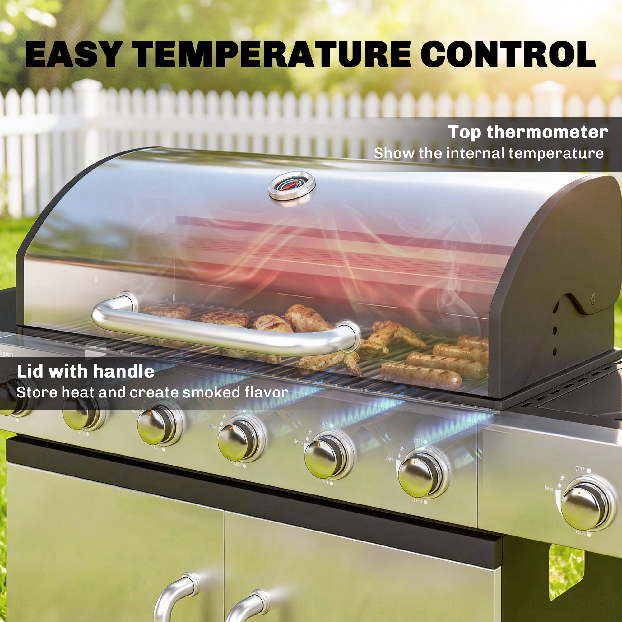 18.6 kW 6+1-Burner Stainless Steel Gas Grill Cart — Side Burner, Thermometer, Cast-Iron Grates, Warming Rack & Cabinet