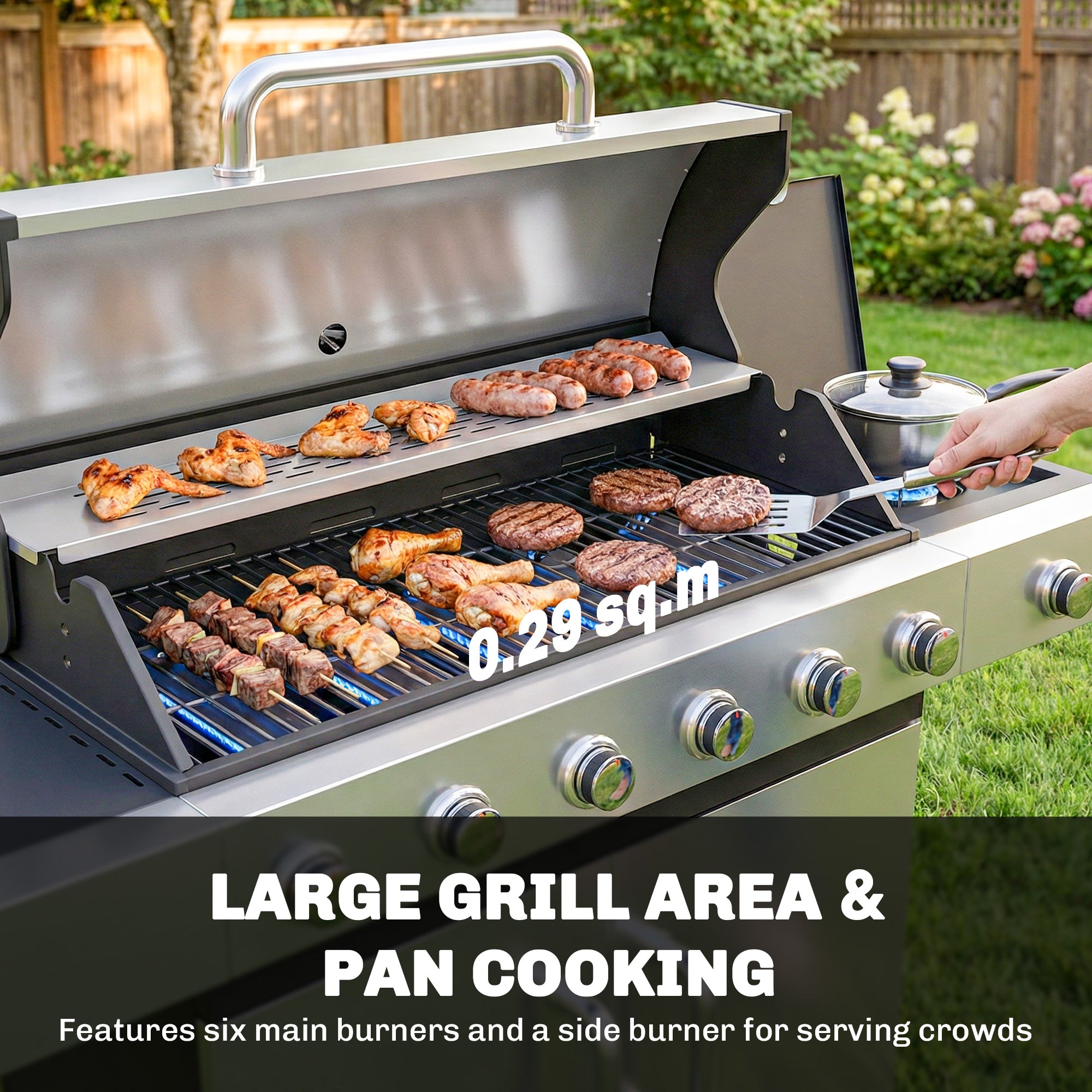 18.6 kW 6+1-Burner Stainless Steel Gas Grill Cart — Side Burner, Thermometer, Cast-Iron Grates, Warming Rack & Cabinet