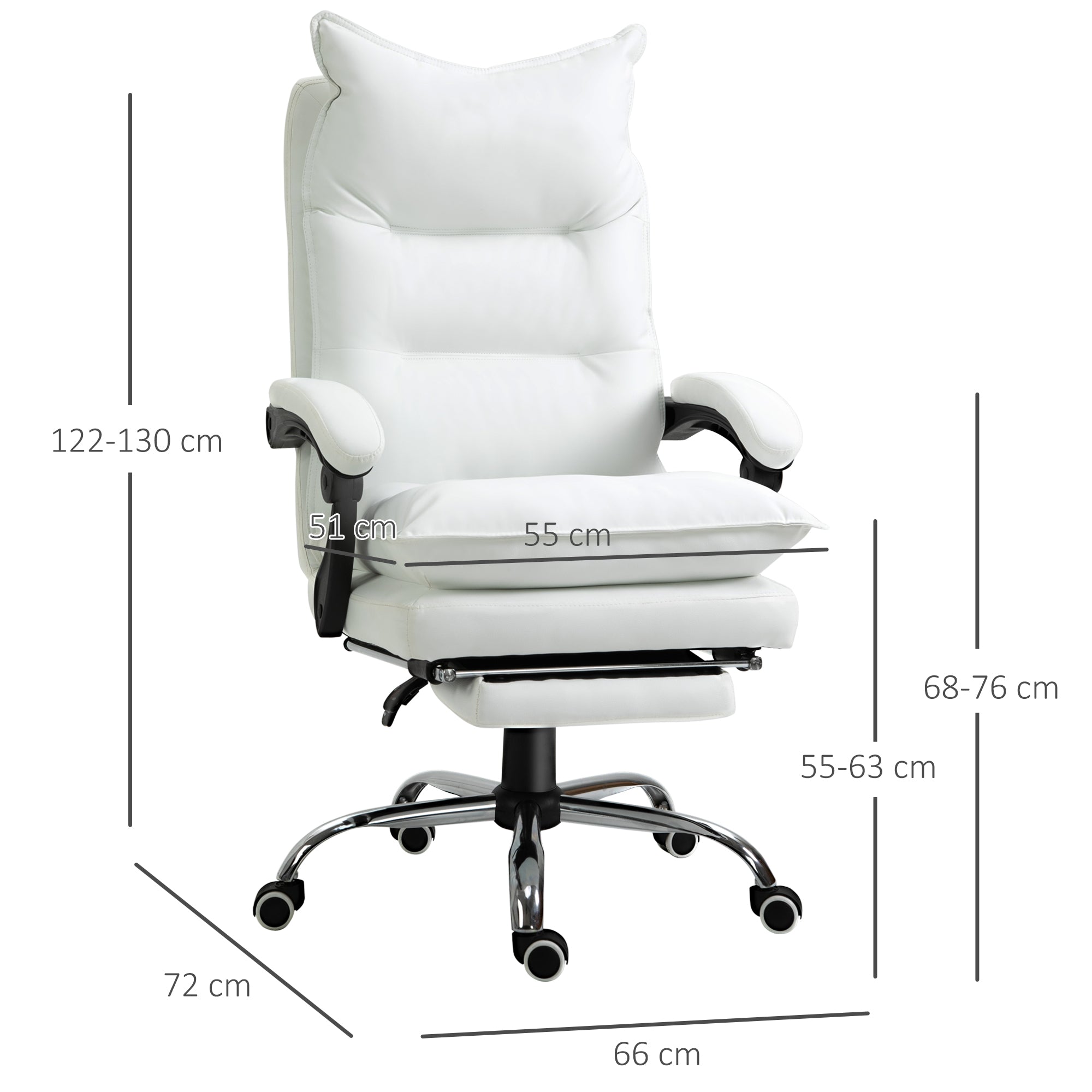 Office Chair with Recline Function, Ergonomic Desk Chair, Height Adjustable Swivel Chair with Footrest, Padded, Up to 135 kg Capacity, for Office, Study Room, White