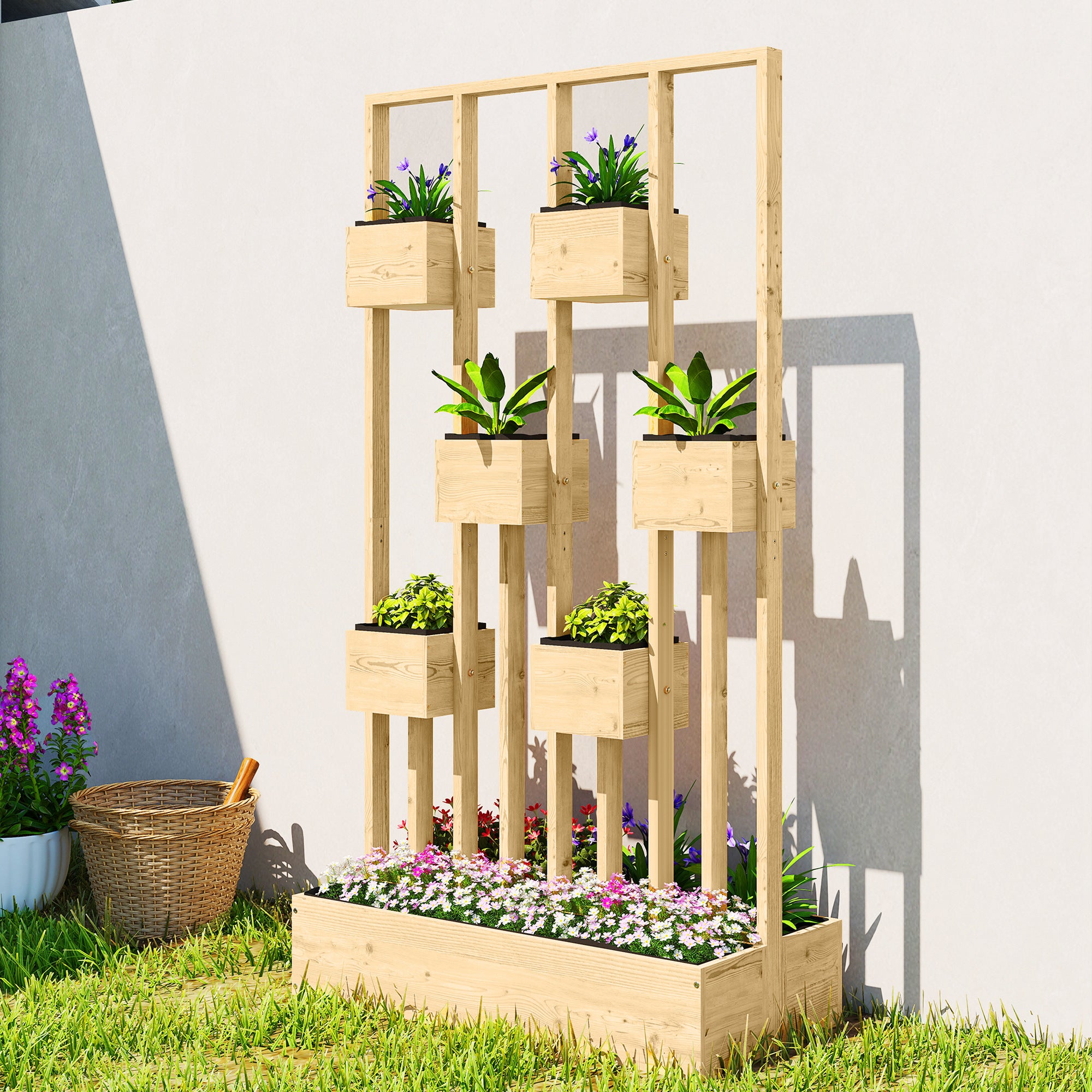 Wooden Raised Planter with Trellis, 35.4 x 17.7 x 66.9 in — Planter Box for Climbing Plants, Balcony & Patio